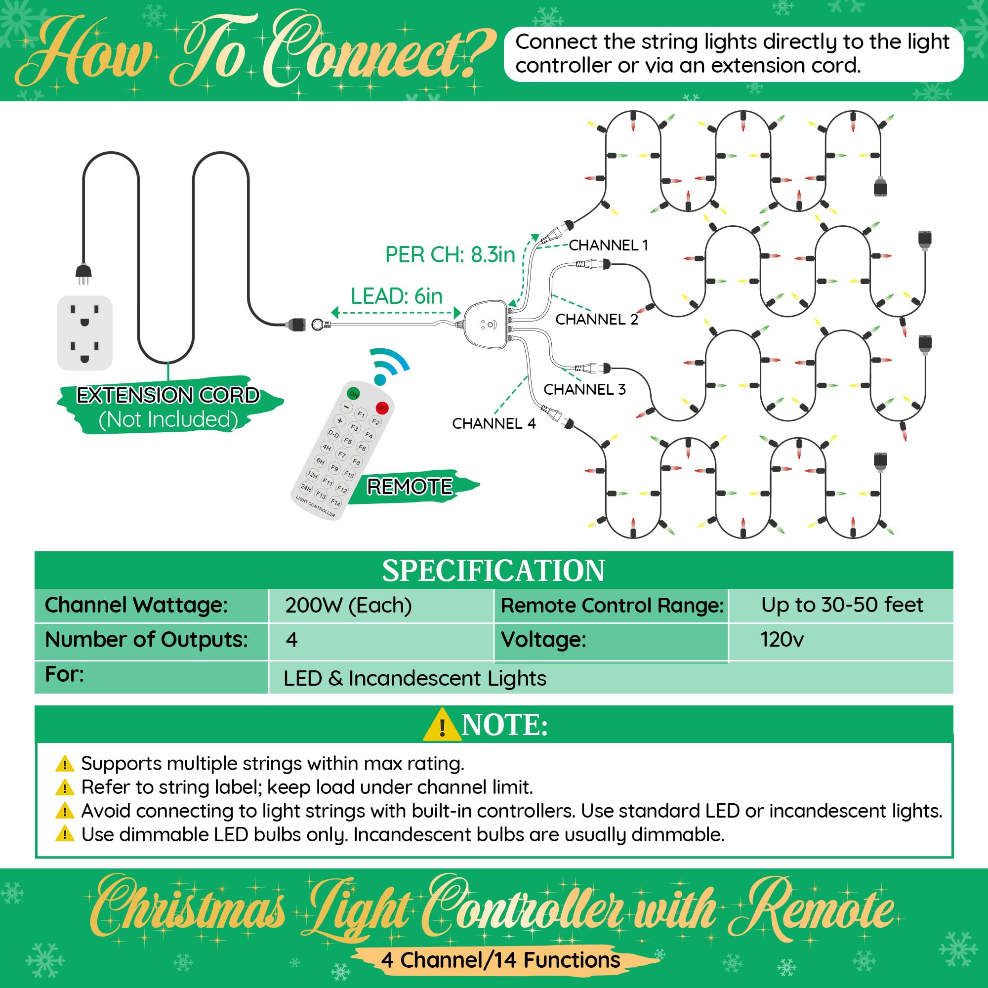 Gulfmew Christmas Light Controller with Remote, 14 Functions, Waterproof, Black, Model TD-Gulfmew-1050
