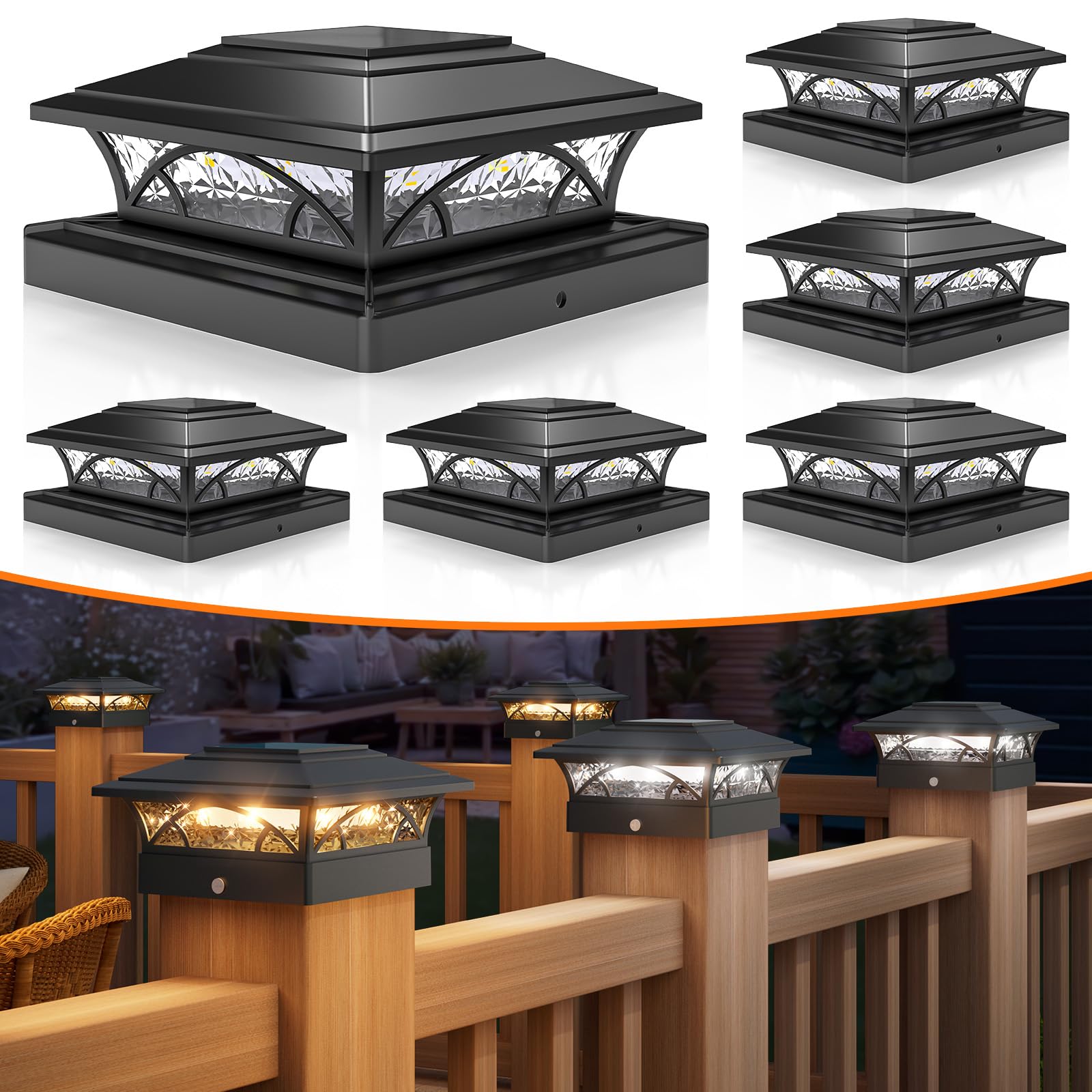 APONUO Solar Post Cap Lights, 2-Mode Outdoor Waterproof, Black, 6 Pack, Fits 4x4 5x5 6x6 Posts, Easy to Install, Model