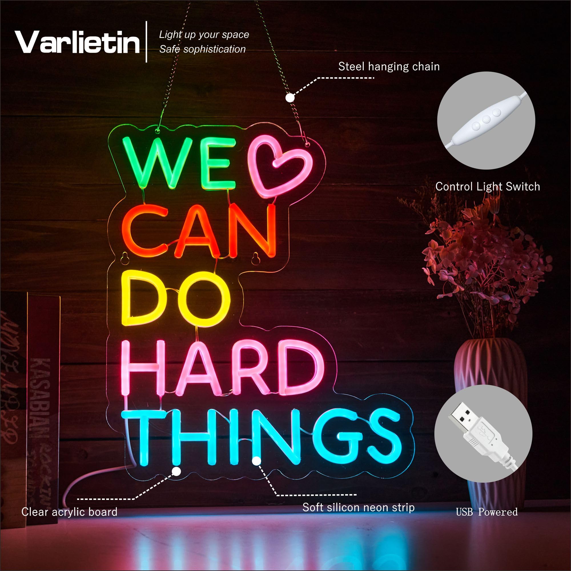 VarLietin Neon Sign - We Can Do Hard Things Wall Decor, Dimmable Acrylic Light, USB Powered, Green/Pink/Yellow/Blue, Model Var-DoHard