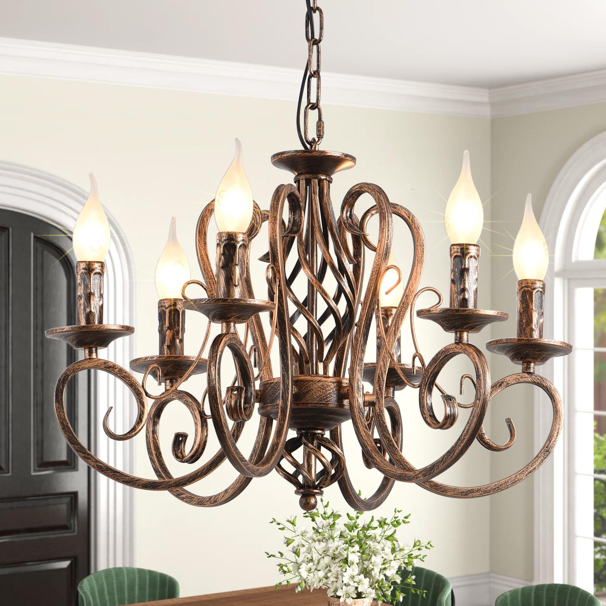 Ganeed French Country Chandeliers,6 Lights Candle Wrought Iron Chandelier,Rustic Farmhouse Pendant Light Fixture Hanging Lightin