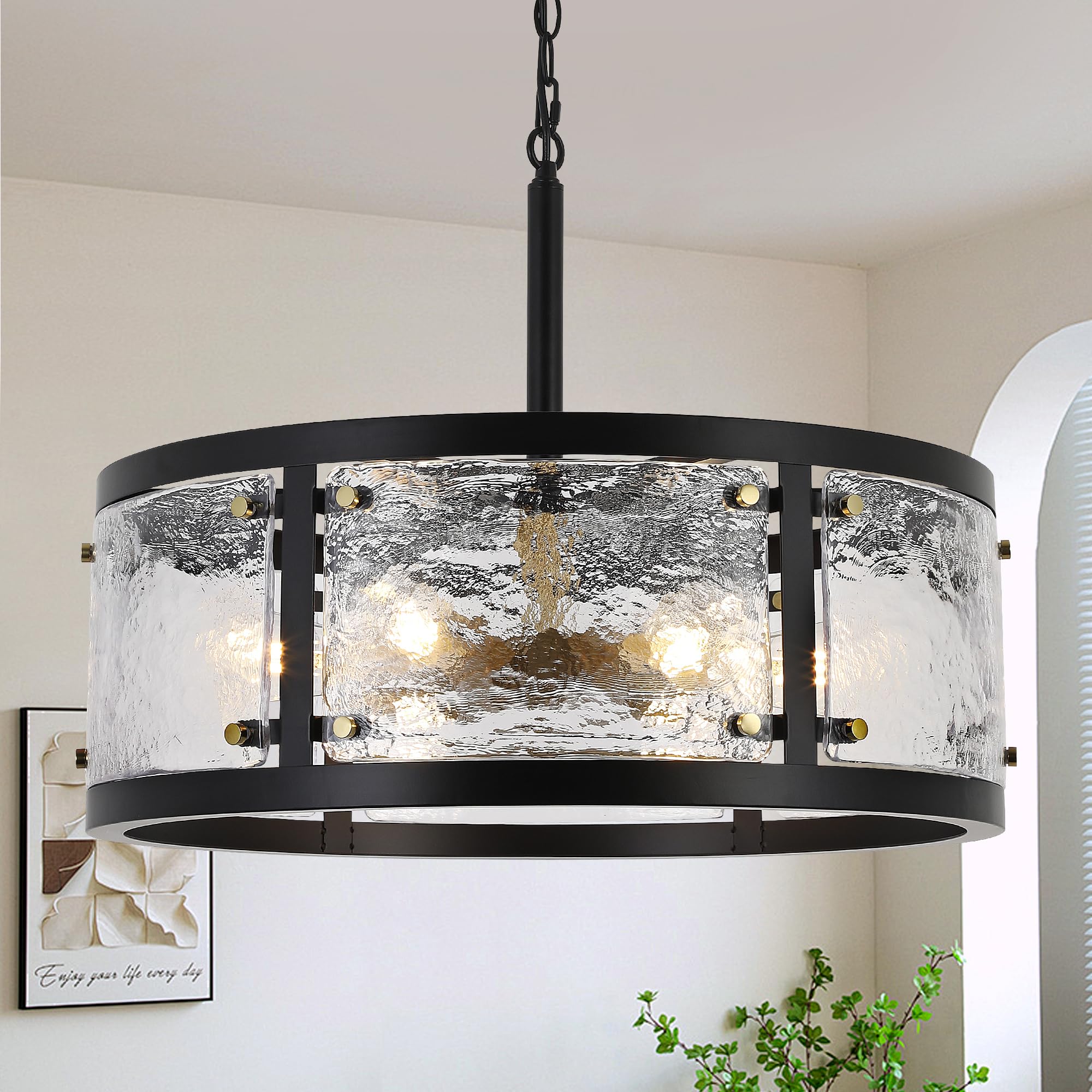 CNRATYE 23.6'' Large Farmhouse Drum Black Chandelier, 6-Light Vintage Round Glass Chandeliers for Dining Room, Industrial Light 