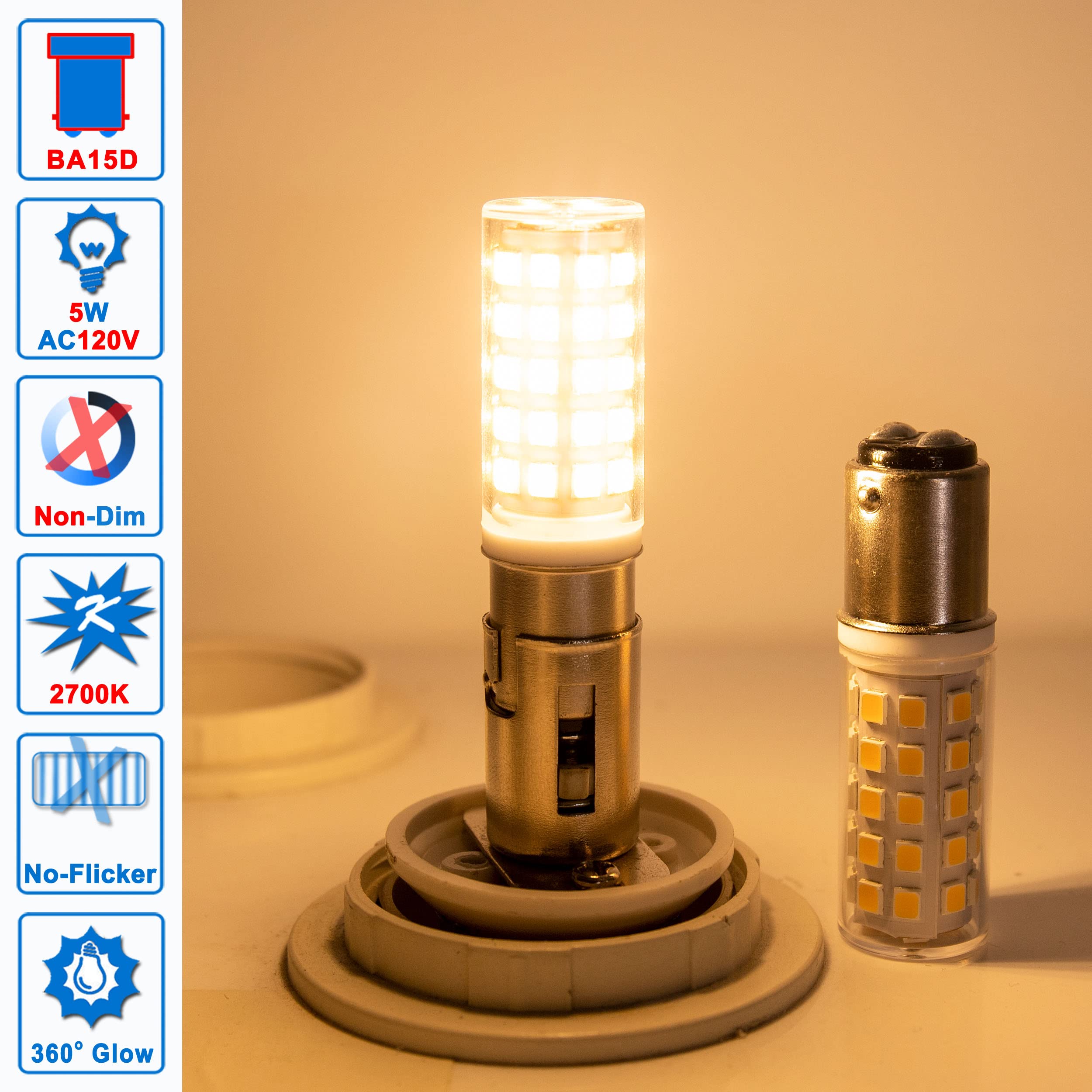 Ziomitus BA15D LED Light Bulbs 50W-75W Replacement, 2700K Soft Warm White, 5-Pack, Non-Dimmable, Ideal for Sewing Machines
