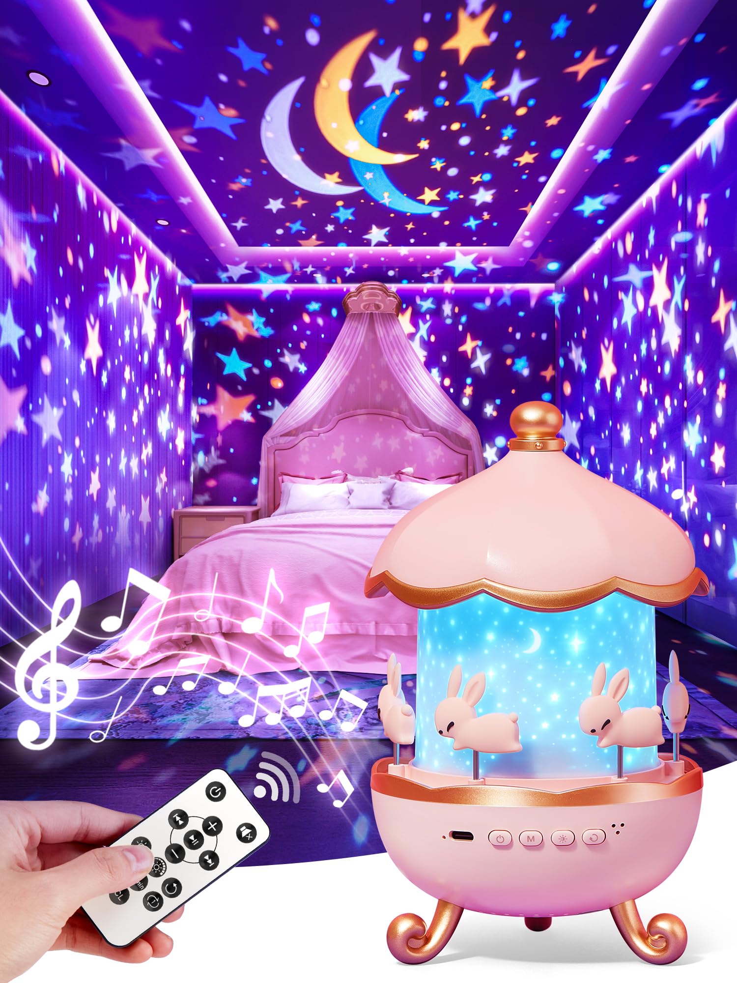 One Fire Kids Night Light Projector With 15 Sounds & Films - Pink Nursery Decor