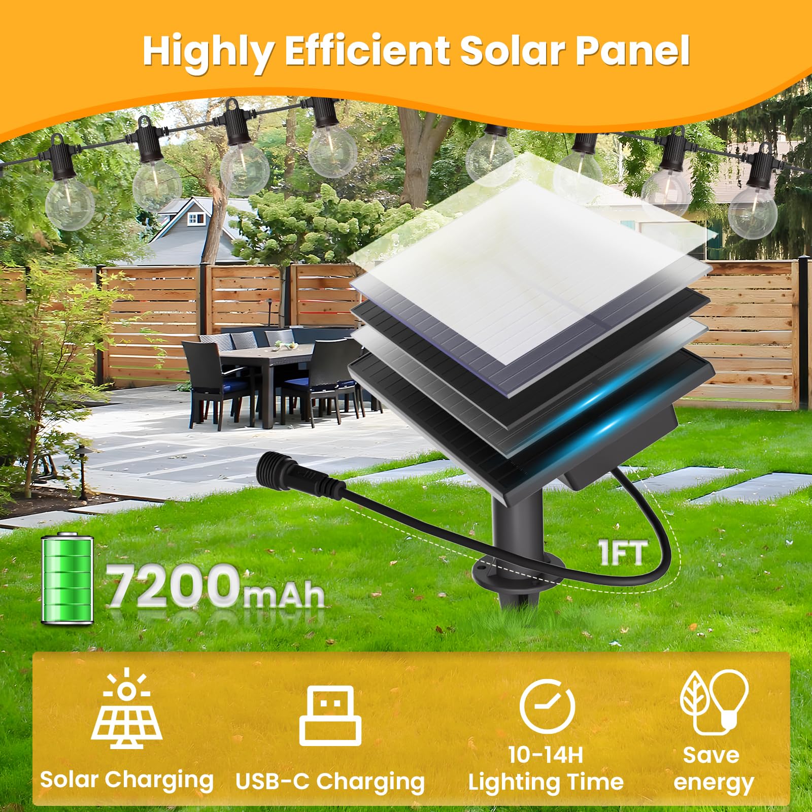 Zotoyi Solar String Lights Outdoor Waterproof Ip65 100Ft With Usb Port And 50+2 Shatterproof G40 Bulbs, Up To 8-12 Hours For Usi