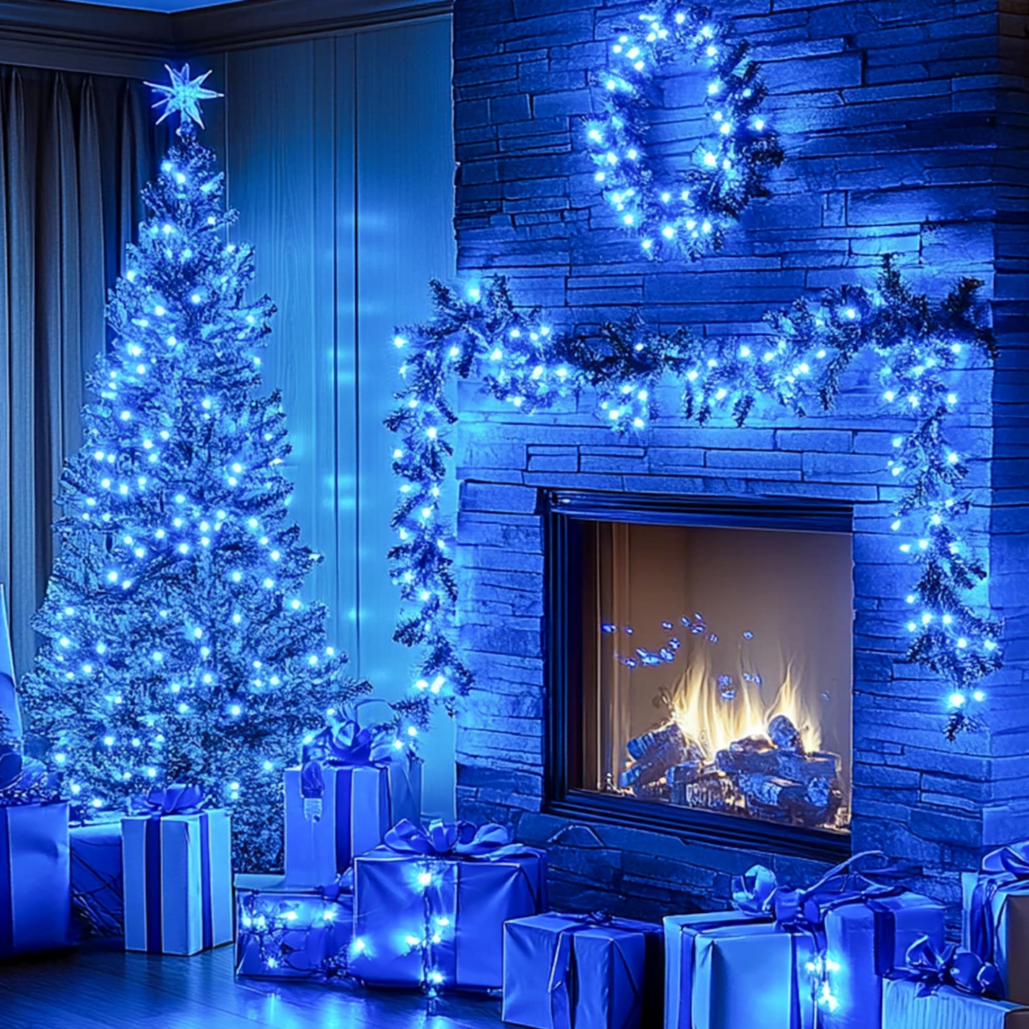 Kwaiffeo Blue Christmas Lights, 100Ft 300Led String Lights Outdoor Indoor, 8 Modes Connectable Blue Lights For Christmas Hallowe