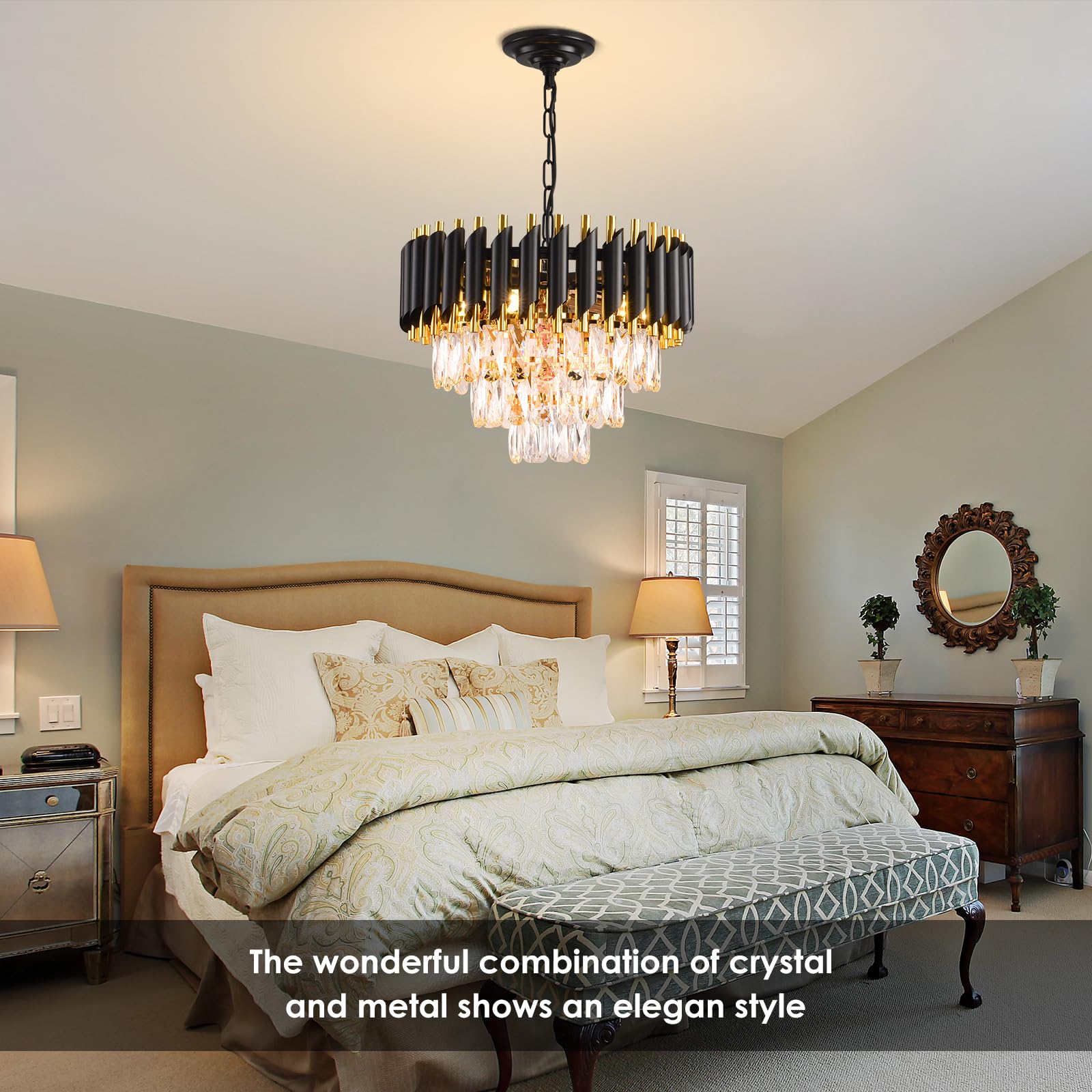 Modern Crystal Chandelier Black And Gold Chandelier 3-Tier Round Chandeliers Pendant Ceiling Light Fixture Flush Mount Chandelie