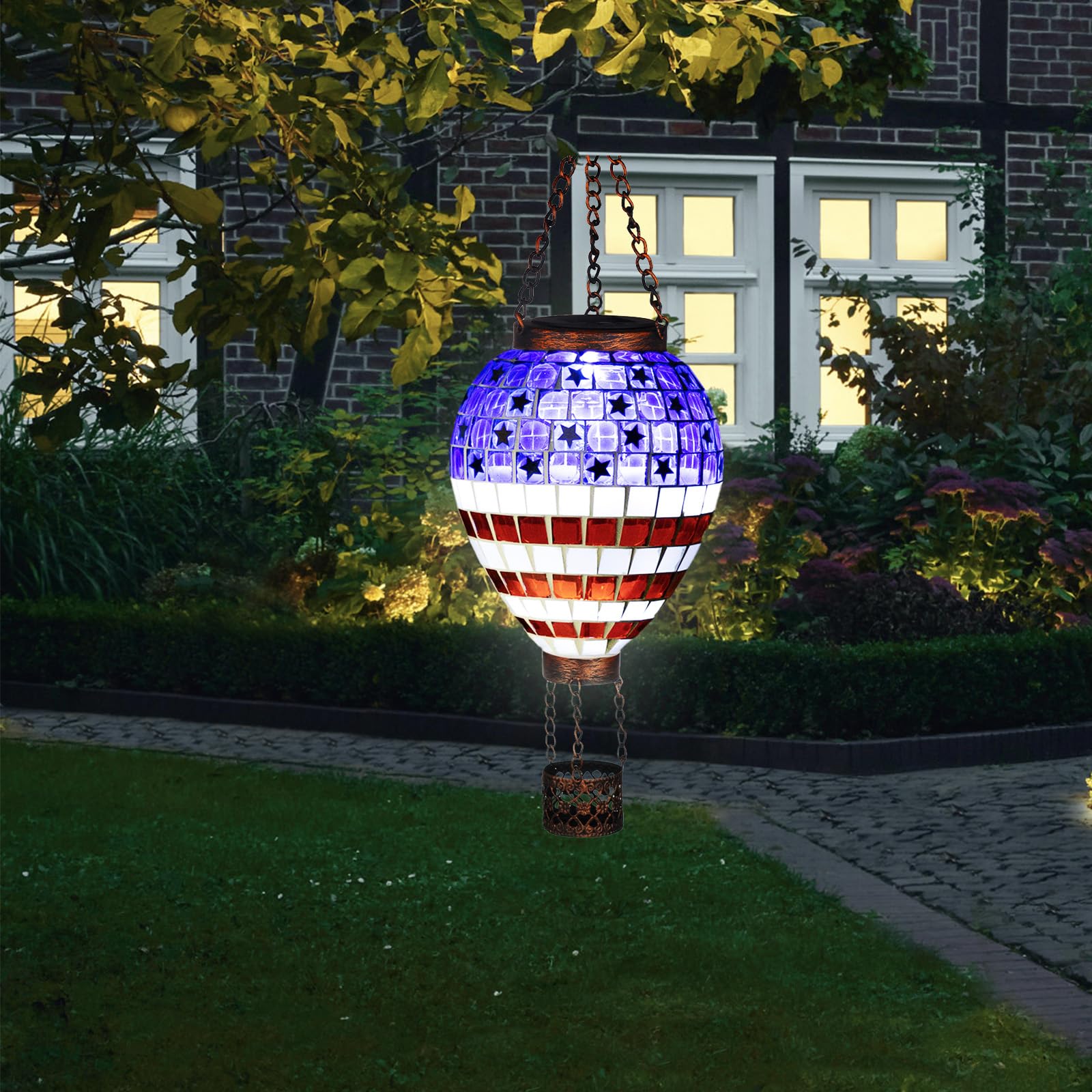 Voreen American Flag Hot Air Balloon Solar Lantern  Handmade Mosaic Outdoor Hanging Wind Light  Ip44 Waterproof  Patio Decorations  Gift For Mom Wife Friend  Patriotic Theme  4Th Of July Decor