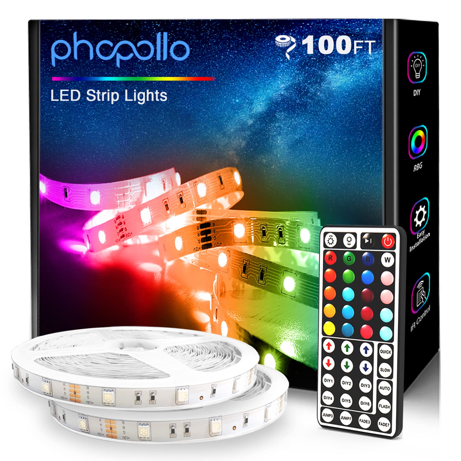 phopollo 100ft LED Strip Lights, 5050 Multicolor Vinyl Lights for Bedroom & Home Decoration, Model PIR5018215