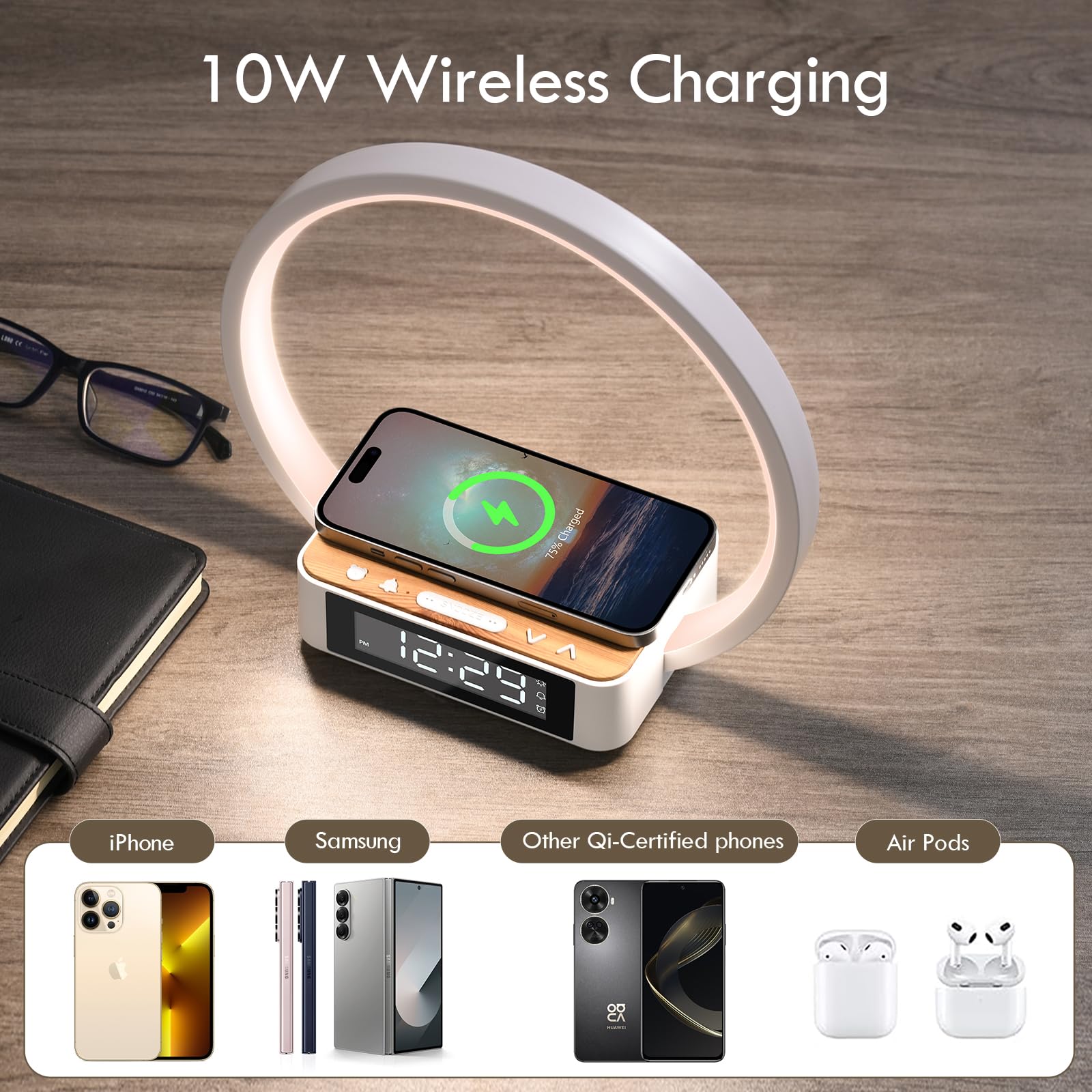 WILIT Bedside Lamp with Alarm Clock & Wireless Charger, 3-Grade Dimmable, Plastic, Model B17, White/Brown
