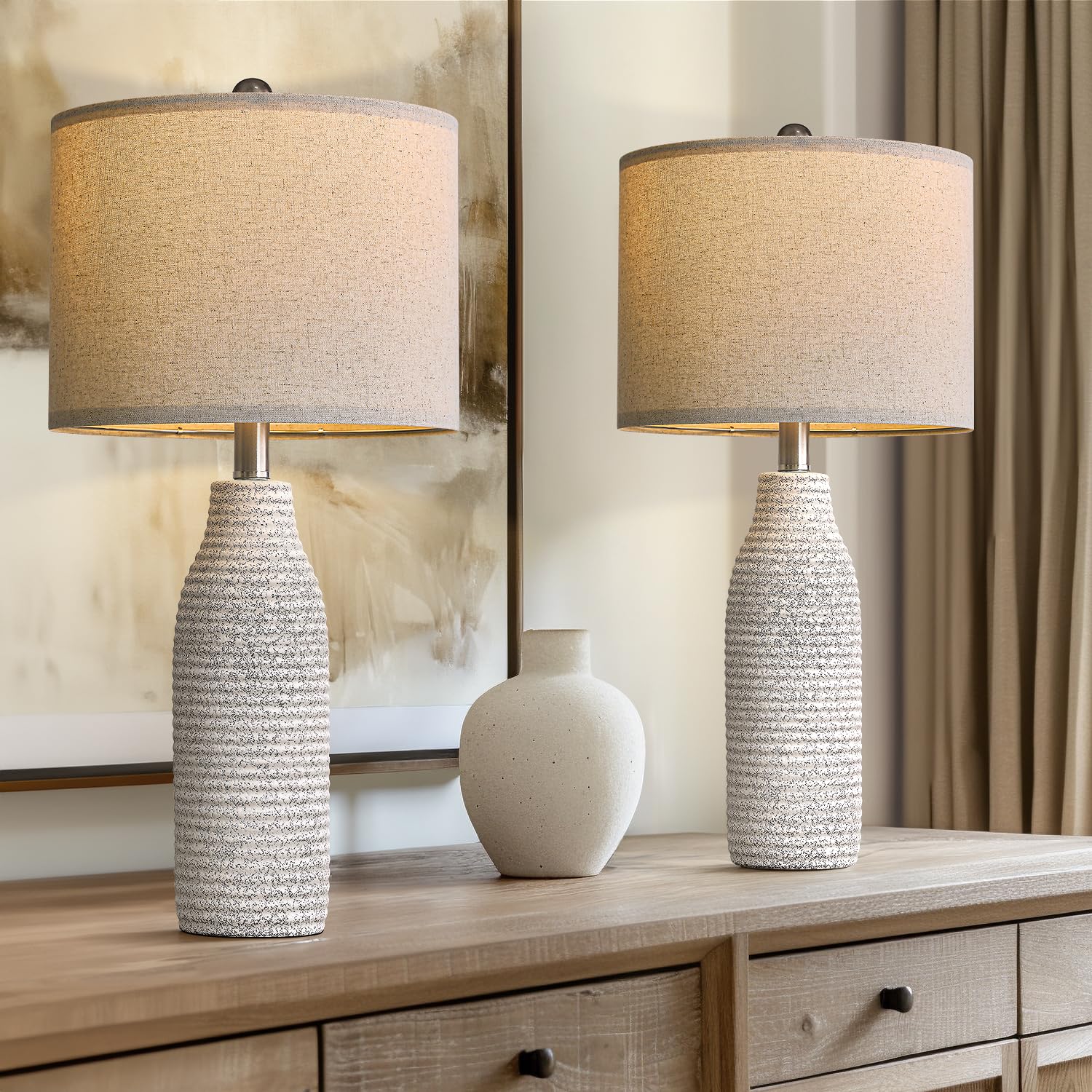 Usumkky 25'' Ceramic Table Lamps For Living Room, Modern Design Bedside Lamps Set Of 2, Nightstand Lamps For Bedroom With Rotary