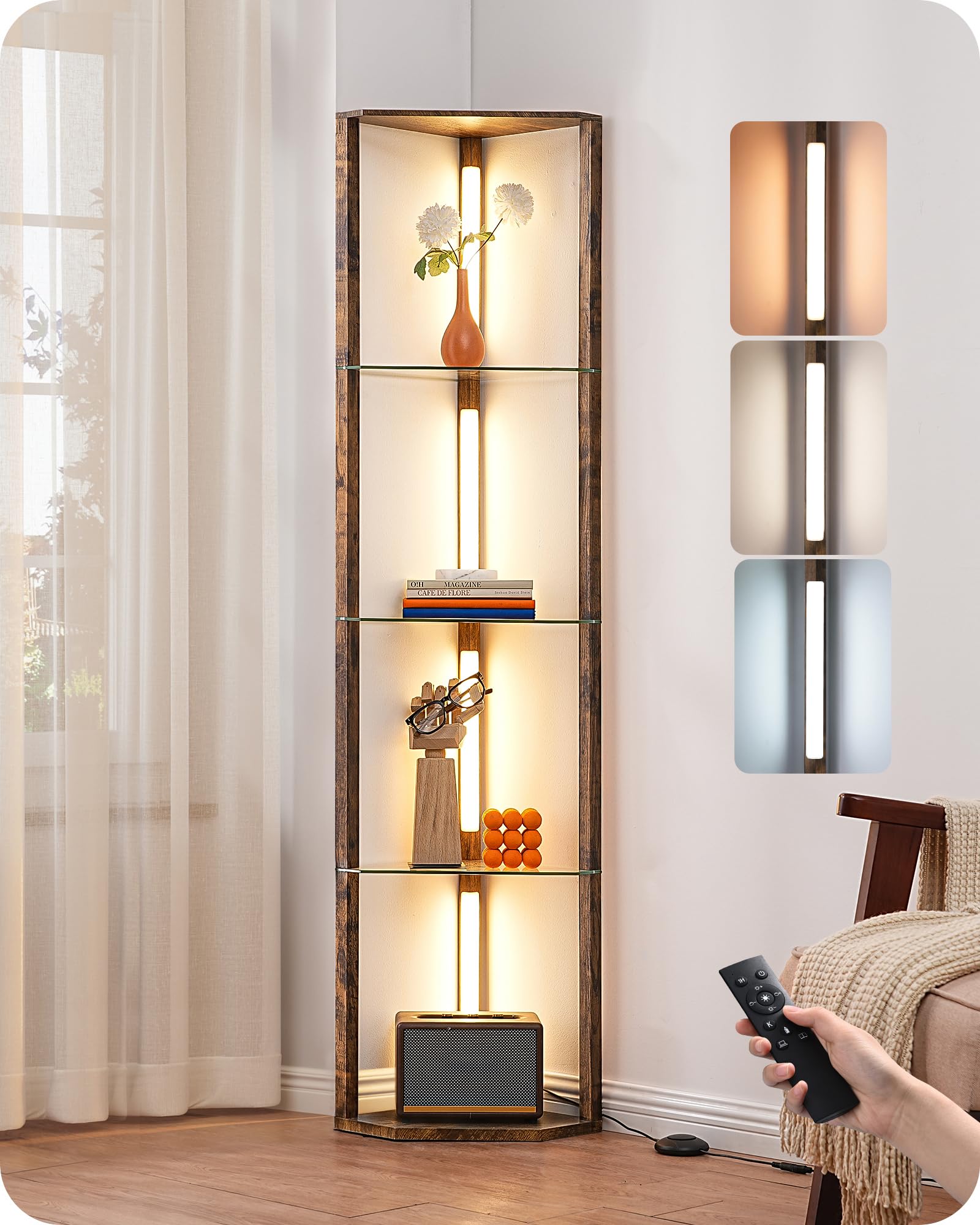 EDISHINE Corner Shelf with Light, 5-Tier Glass Display, Dimmable Lamp, 63.7 inches, Burnt Wood, Model HLFL06N