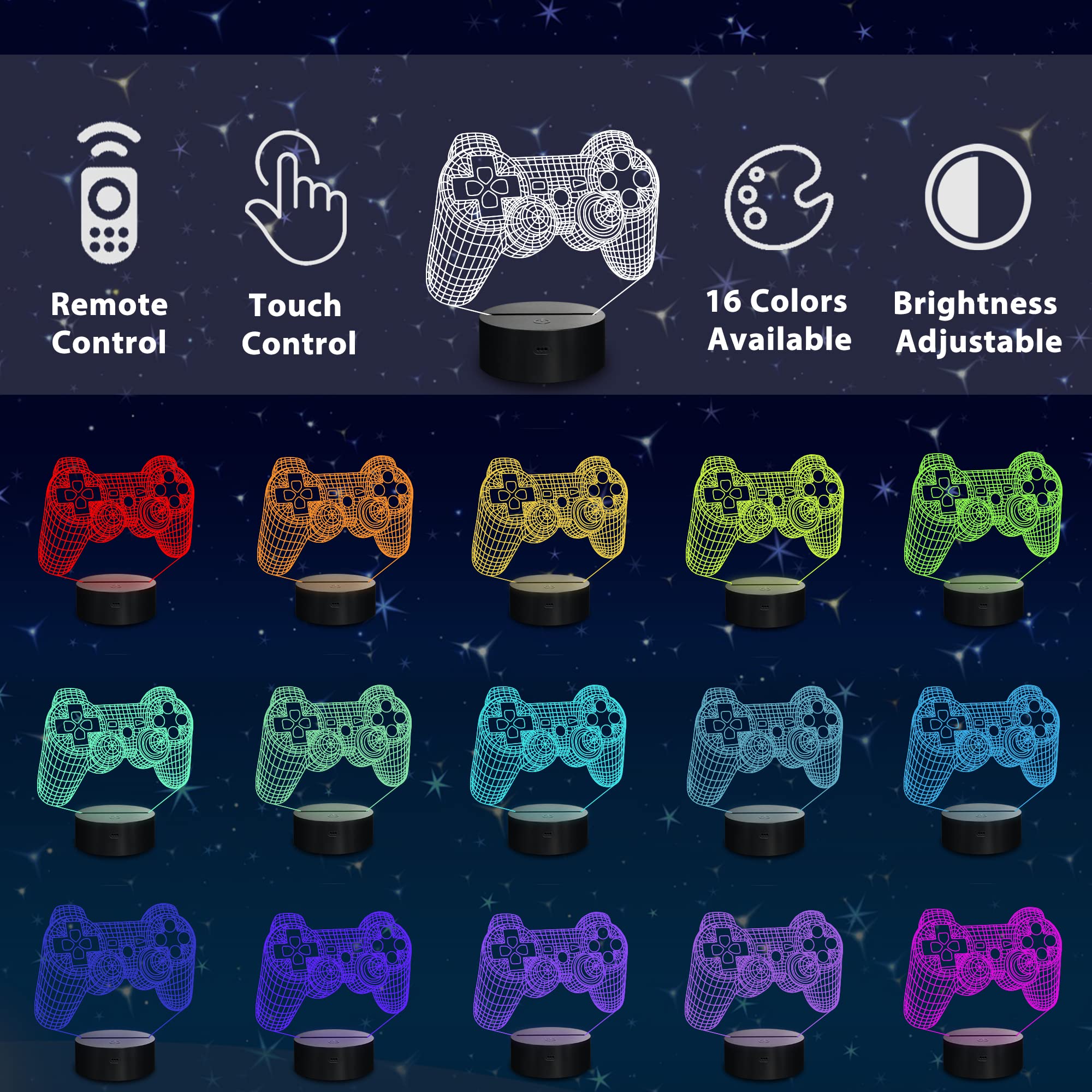 CooPark 3D Gamepad Lamp Night Light, 16 Colors, Remote Control, Acrylic, Multicolored, Model FS-2810-9999