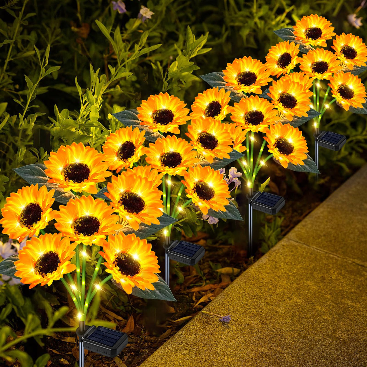 Yeuago Solar Sunflower Lights Outdoor Flower Garden Stake Lights,4 Pack 24 Sunflower Waterproof Lights For Outside Party Gardeni