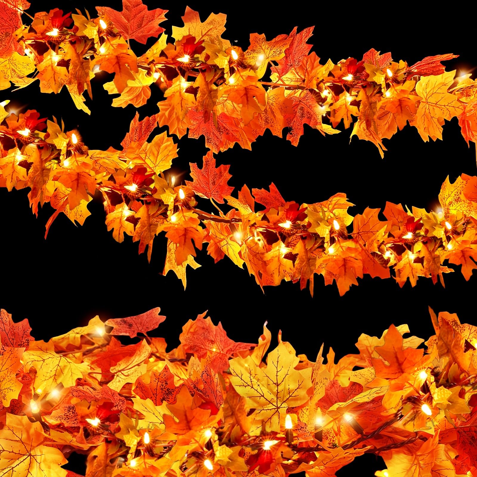 2Pack Fall Leaf Garland With Lights Plug In  35 Orange Bulbs Light Up Fall Leaves Garland  Fall Decor Fall Decorations For Home Table Thanksgiving Mantel Fireplace Porch Halloween Autumn Decorations