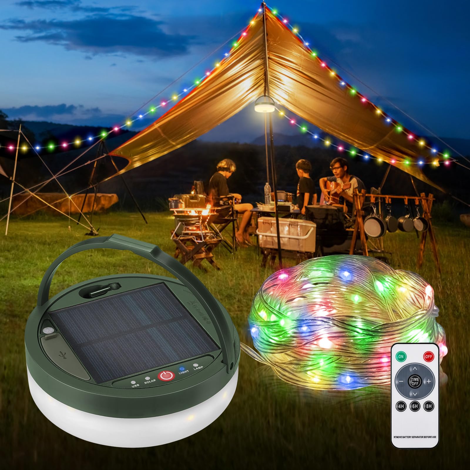 Anpro 4 in 1 Solar Camping String Lights, 32.8Ft Multi-Color LED, 3600mAh Solar Powered, USB Rechargeable, with Remote Control