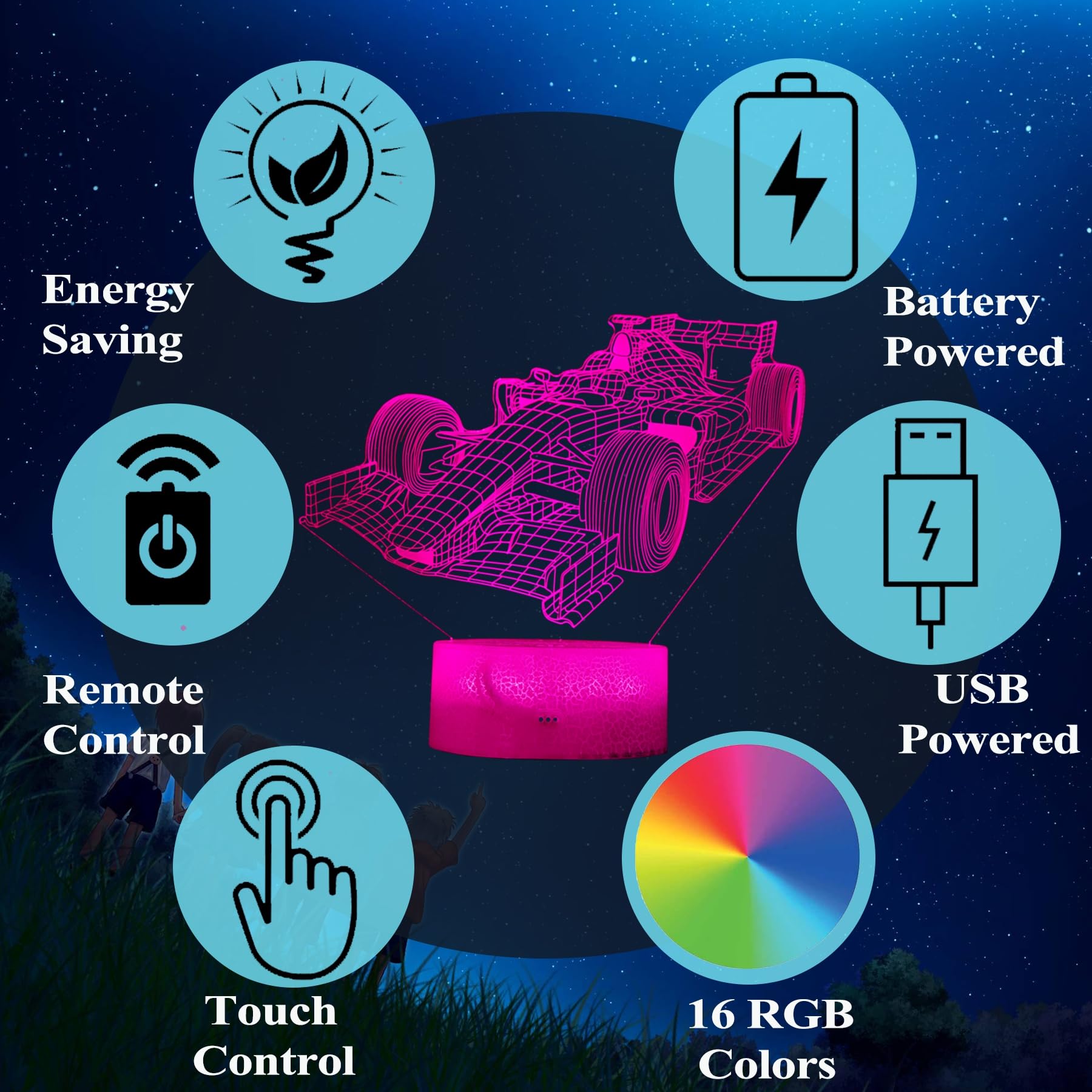 Posshe F1 Car Gifts For Boy, F1 Race Car Night Light With Remote Control, 16 Colors Changing, Rgb Flashing Mode And Dimmable, Ra