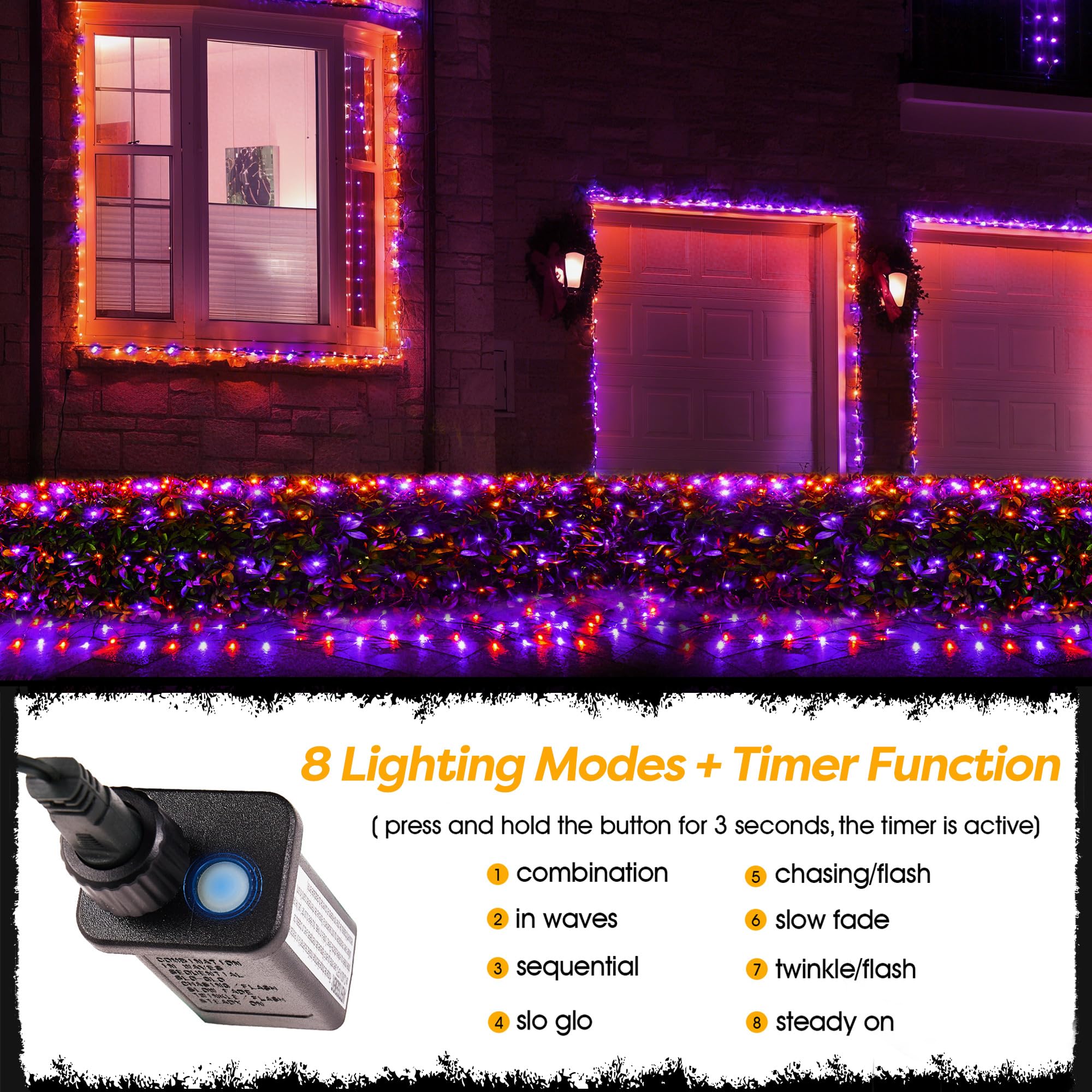 BlcTec Halloween Lights Outdoor 360 LED 9.8ft x 6.6in Orange Purple Waterproof Mesh Lights with Timer, Connectable, Green Wire