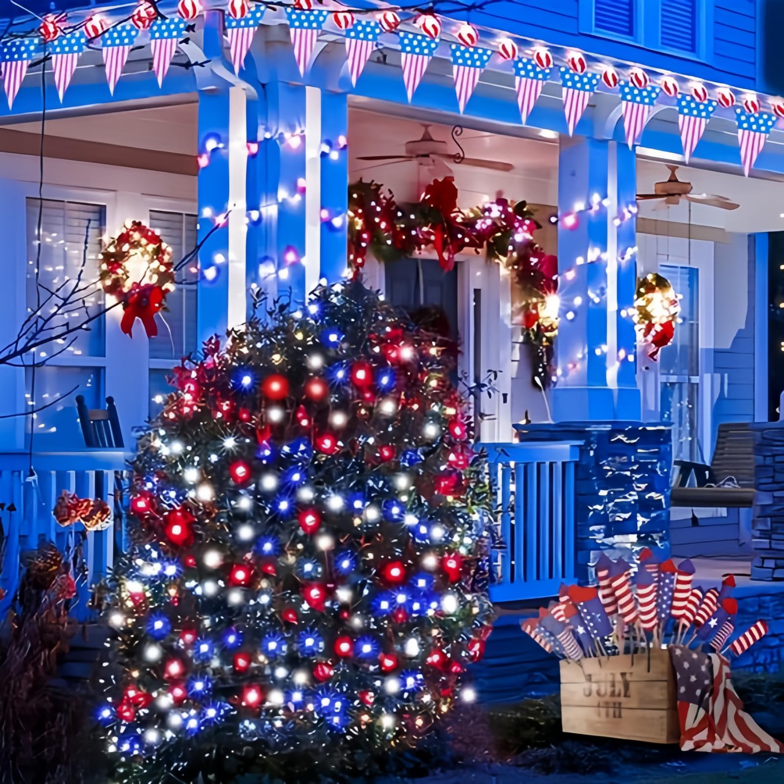 Eew 2Pk Red White And Blue Solar String Lights Outdoor Waterproof, Solar Powered Led Patriotic Lights 200 Led, Solar Tree Lights