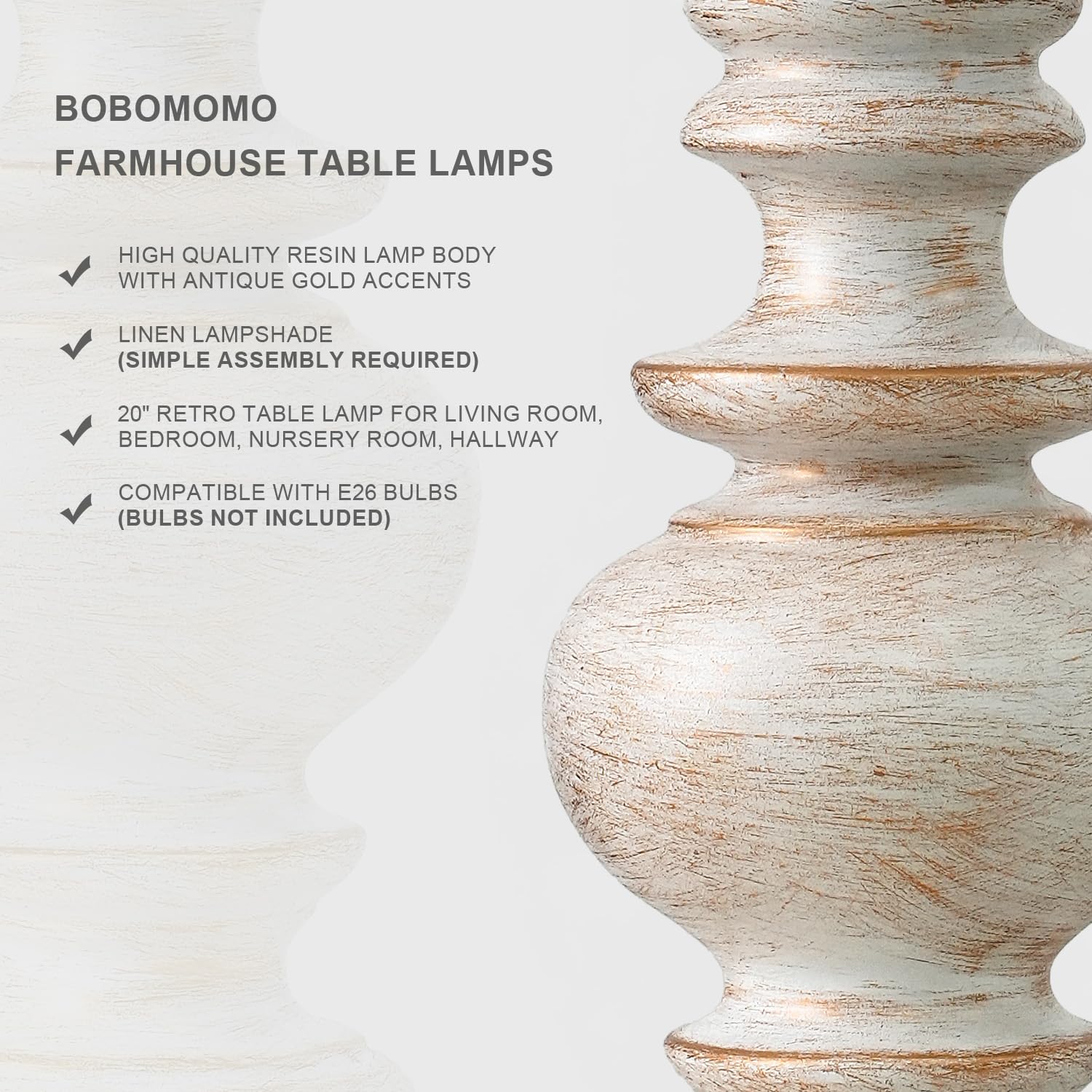 BOBOMOMO Retro Table Lamps Set of 2, 20in Small, White & Gold Finish, Linen Shades, Resin, Ideal for Living Room and Compact Spaces