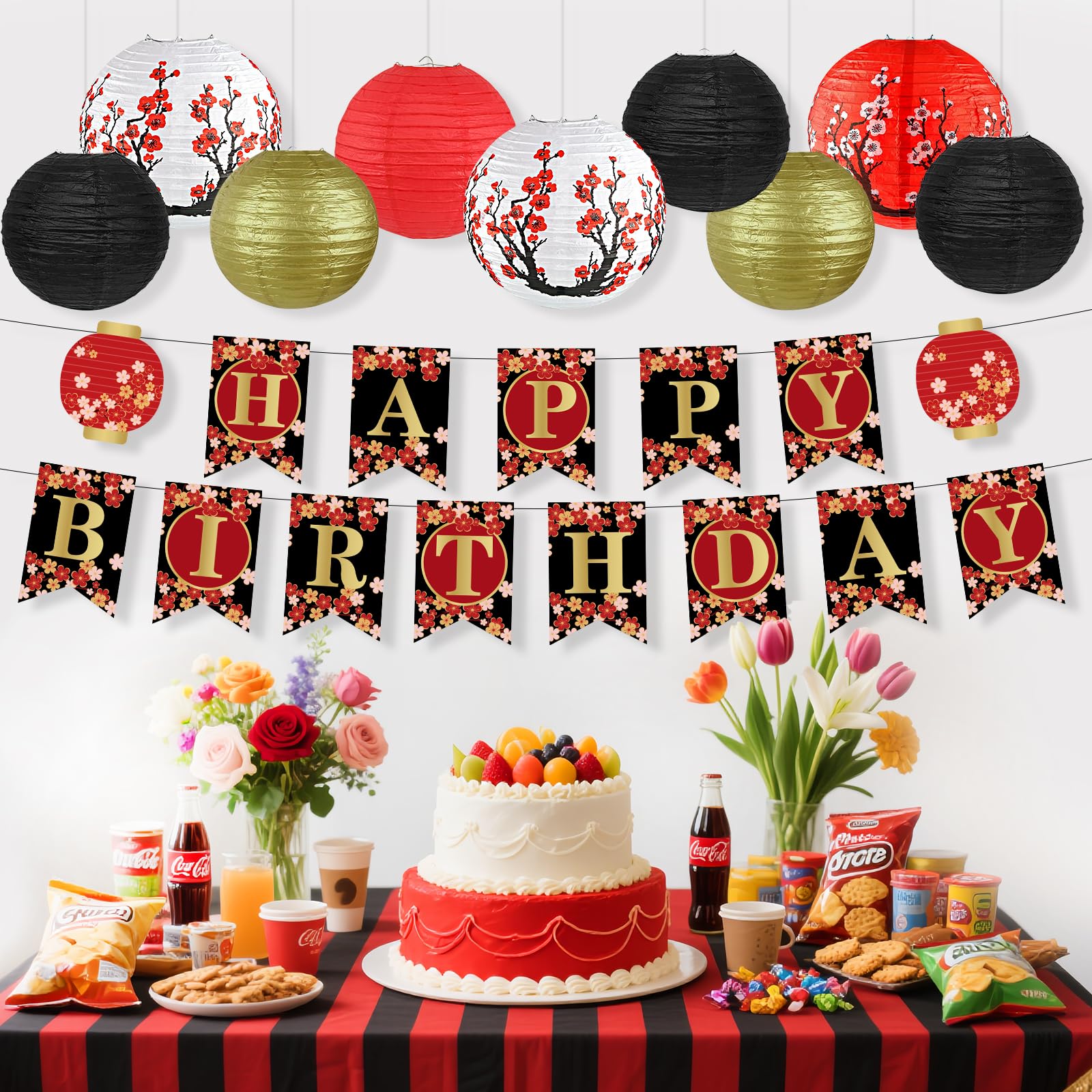Peywot Hibachi Party Decorations - 14Pcs Round Paper Lanterns, Assorted Sizes 8in 10in 12in, Red, Black, Gold