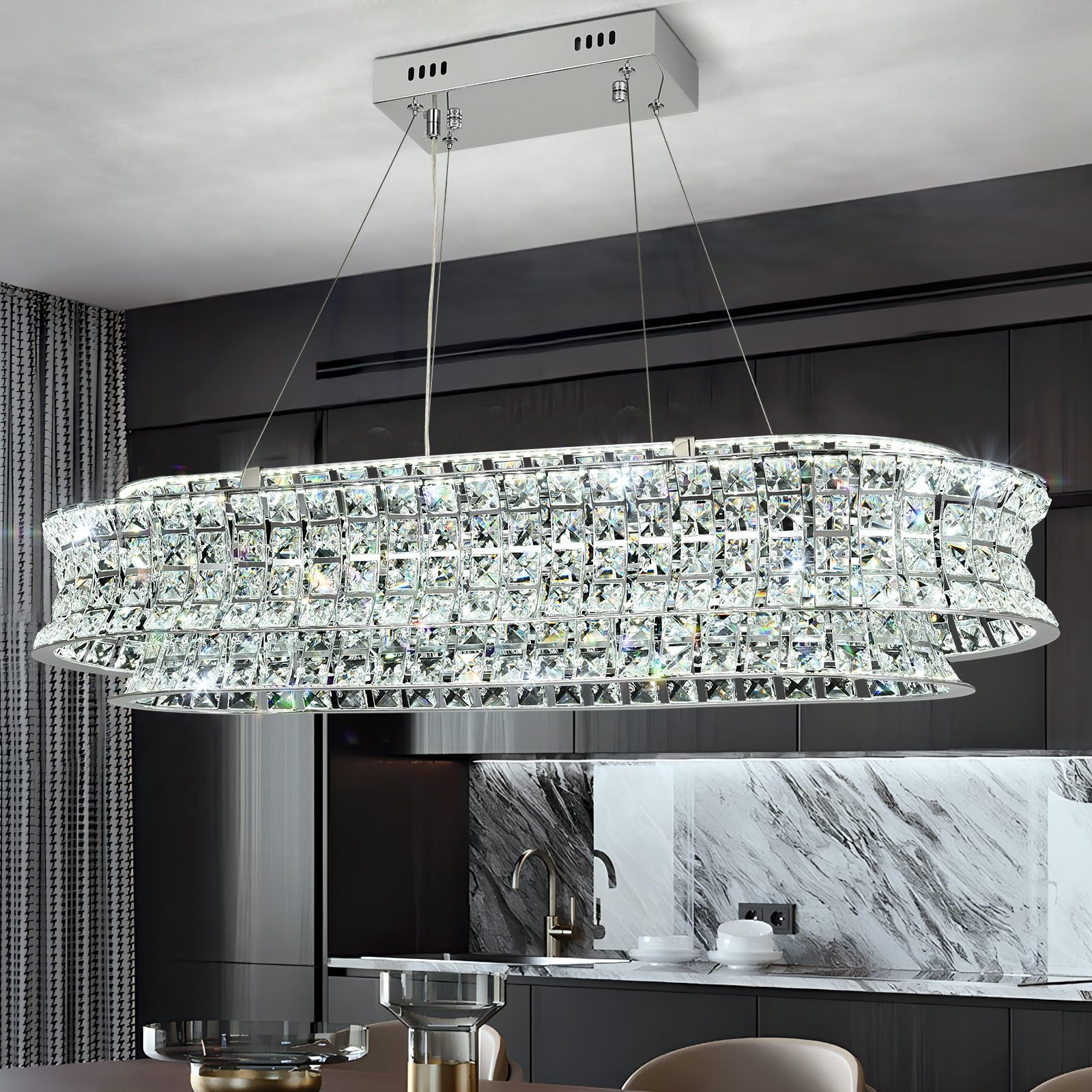 AOOCHOK Modern Crystal Chandelier for Living Room  LED Chrome Pendant Lights  Oval Crystal Hanging Lamp for Living Room  Dining Room  Restaurant  30 x 14 inch