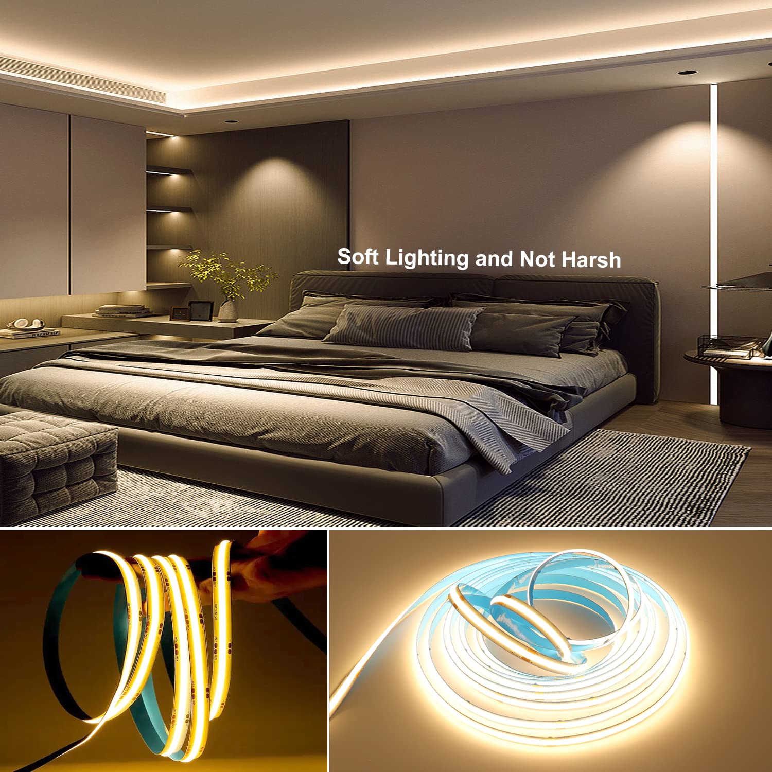 BUNACET COB LED Strip Lights 20ft, 2880 LEDs, 3000K Warm White, Dimmable Aluminum Tape for Bedroom & Kitchen Lighting