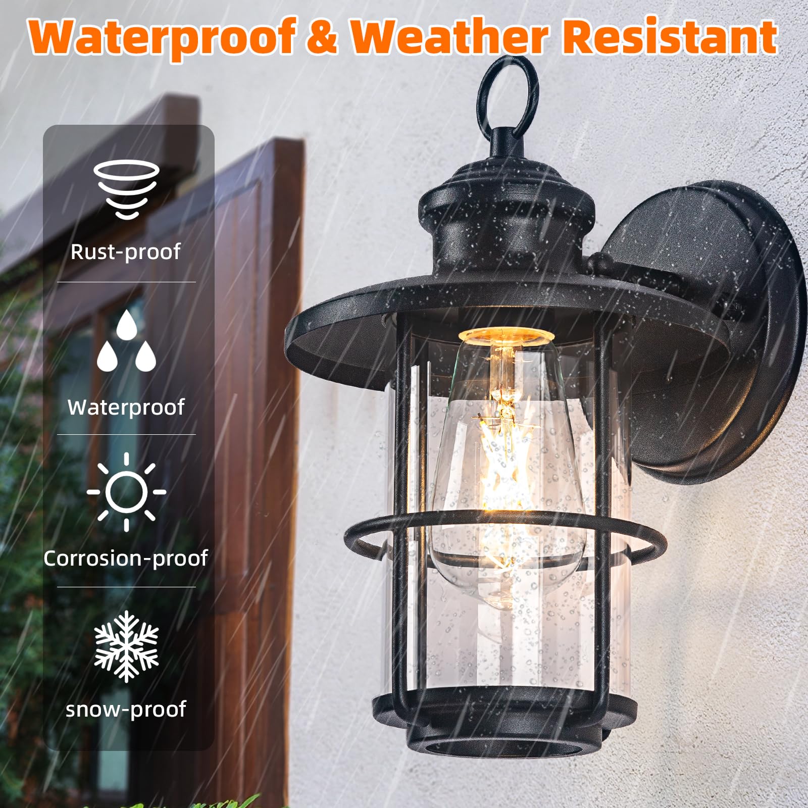 Brilvibera Outdoor Wall Sconce Light Fixture, 2 Packs, Waterproof, Black Clear Glass, Anti-Rust, E26 Base