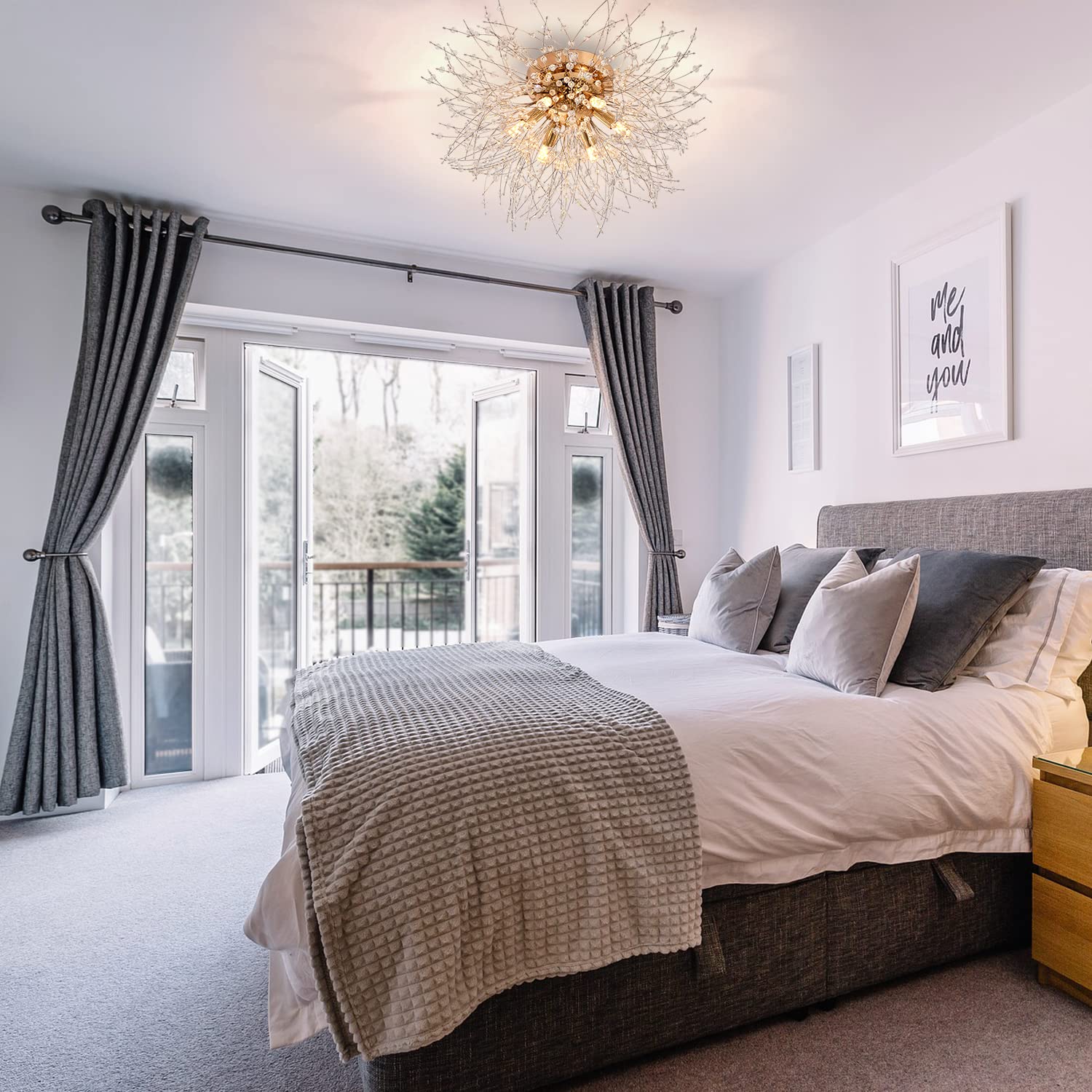 Hmvpl Flush Mount Ceiling Lights, Modern Gold Crystal Sputnik Firework Close To Ceiling Lamp Led Ceiling Lighting Fixtures For Bedroom Kitchen Island Hallway Entryway Porch Gazebo