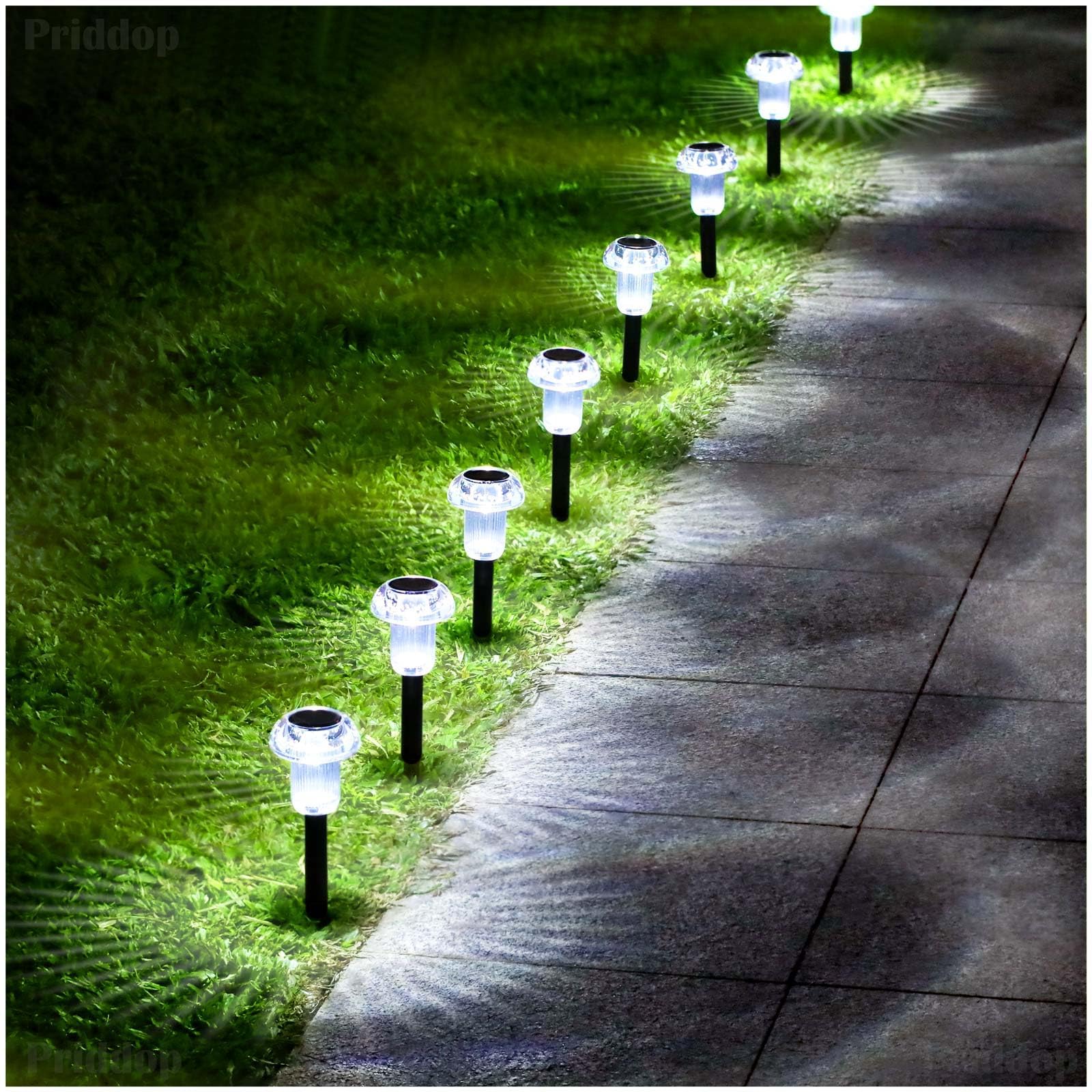 Priddop Solar Lights Outdoor 12 Pack Pathway Lights 6000K LED Waterproof Cold White Mushroom Shape for Garden Driveway Walkway L