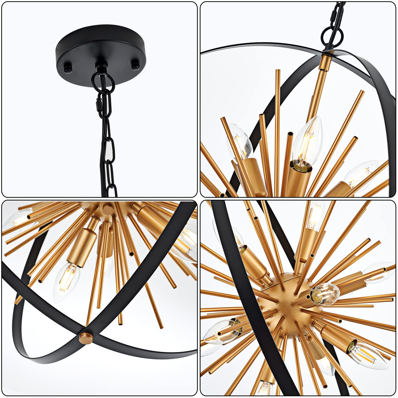 Tacdandm 23.2'' Black Gold 12-Light Globe Sputnik Chandelier Modern Industrial Adjustable Hanging Ceiling Firework Pendant Light Fixture For Entryway Foyer Bedroom Dining Living Room Hallway