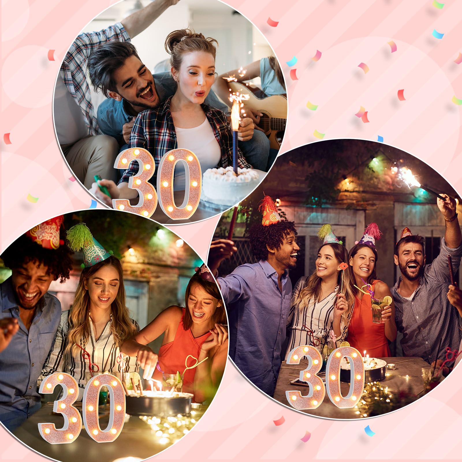 Treela LED Number Sign, 8.7in  Glitter Marquee for Birthday Party, 30th Size, Rose Gold, PP Material