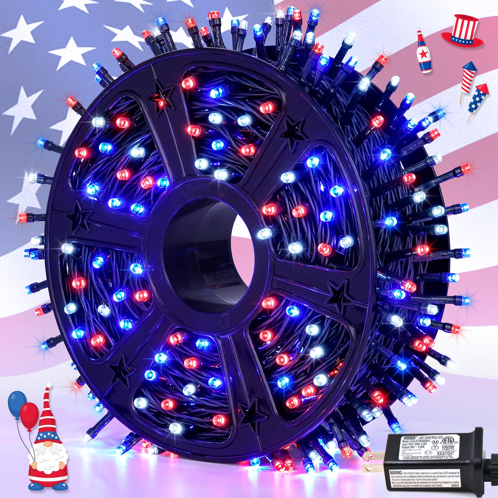 JMEXSUSS 500 LED Red White and Blue Lights 4th of July Decorations, 173ft 8 Modes 4th of July Lights Outdoor, Waterproof Patriot