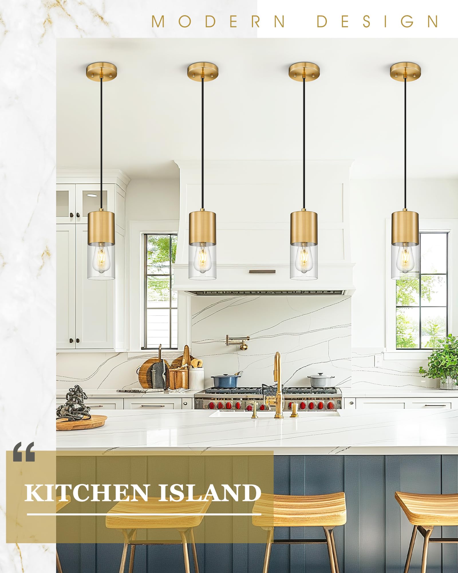 Audickic 2-Pack Pendant Lights Kitchen Island  Brushed Gold Shade Hanging Lights Fixtures With Cylinder Clear Glass  Brass Kitchen Pendant Lighting Over Island For Dining Room  Ad-24023-1P2-Gd