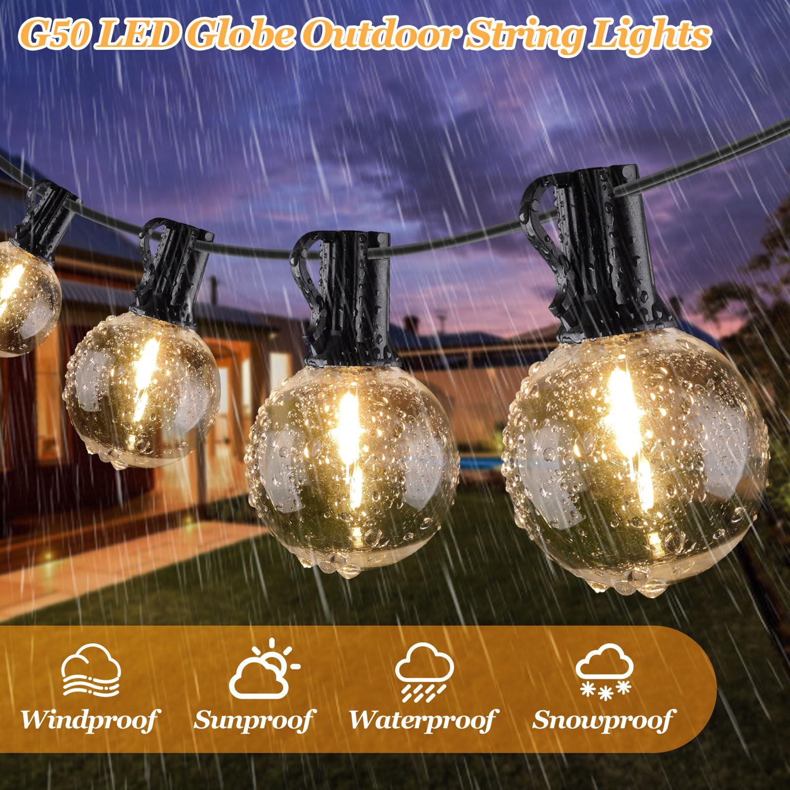 100Ft Outdoor G50 Led Globe String Lights Dimmable Waterproof Shatterproof Light Strings With 52 Bulbs Connectable Commercial Hanging Lights For Christmas Patio House Backyard Balcony Party
