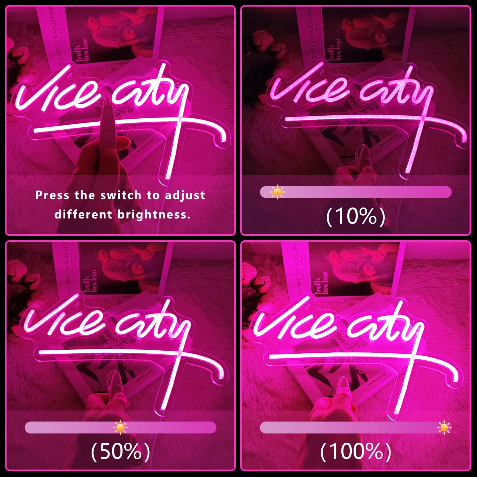 Imegina Pink Vice City Neon Sign - Dimmable Led Usb Light For Bedroom, Game Room, Bar, Party