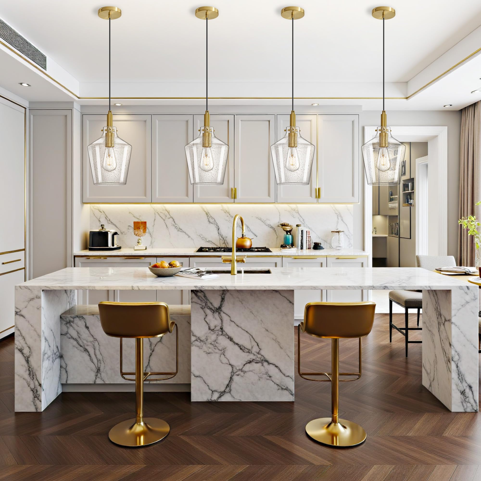 Vaziden Modern Seeded Glass Pendant Lighting For Kitchen Island 1 Pack  Farmhouse Gold Pendant Light Fixtures  Height Adjustable Ceiling Pendant Light  Angled Seeded Glass Shades 8 Inch