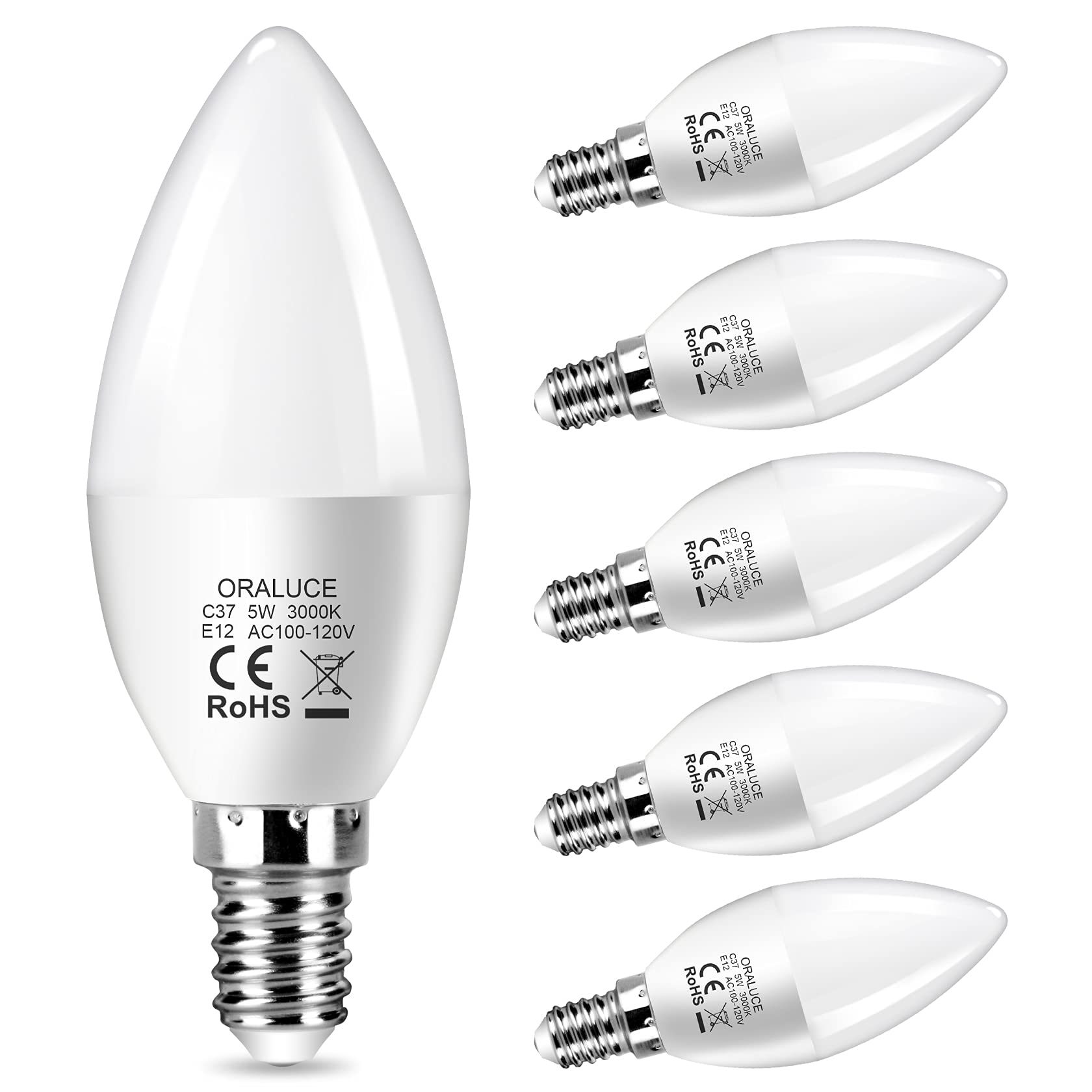 ORALUCE E12 LED Candelabra Light Bulbs, 40W Equivalent, 3000K Warm White, Non-Dimmable, 5W 450LM, 6 Pack,