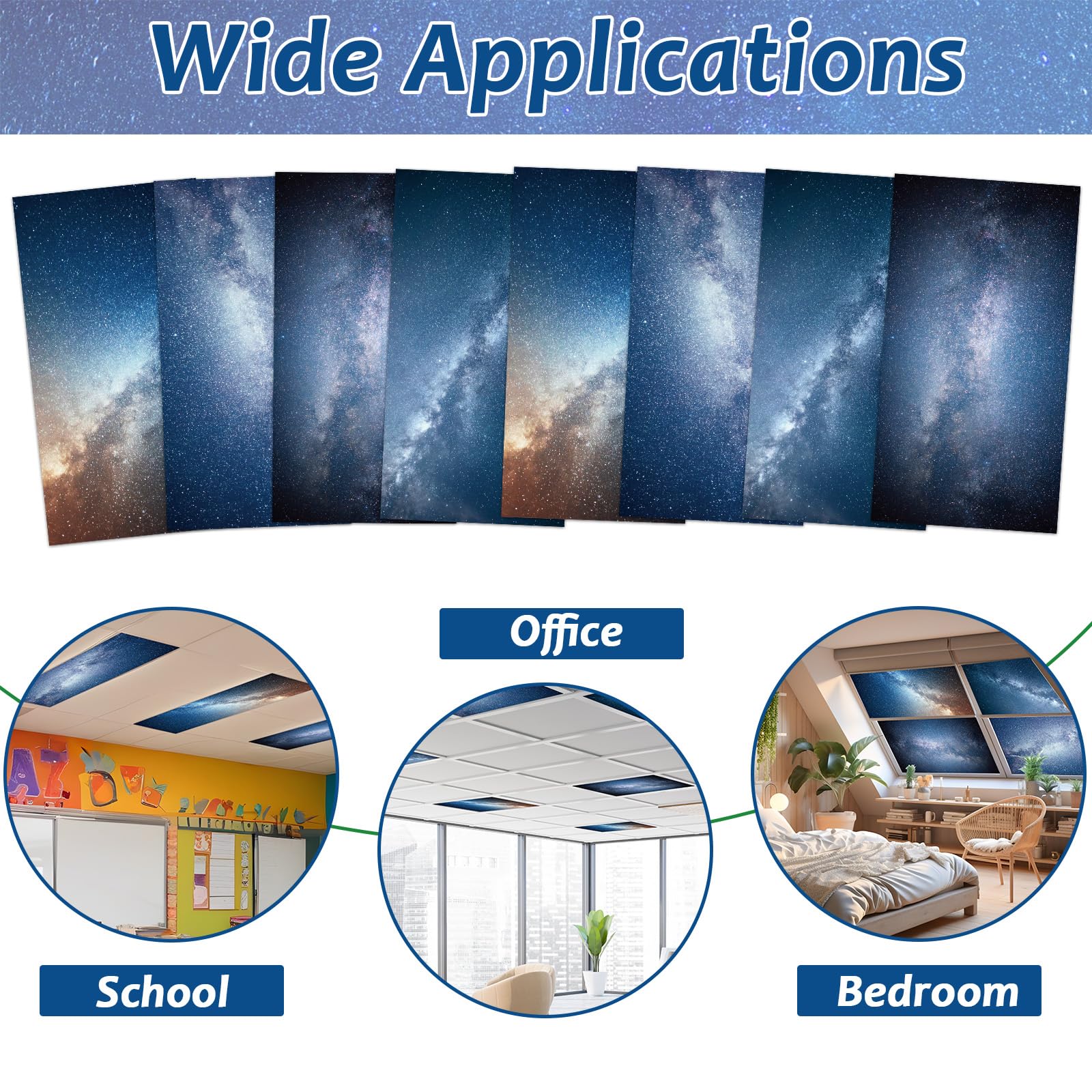 Wiooffen 8 Pcs Fluorescent Light Covers, 80 Magnets, 4 x 2 Feet, Polyester, Galaxy Blue, Model YM0885, Easy Install for Office &