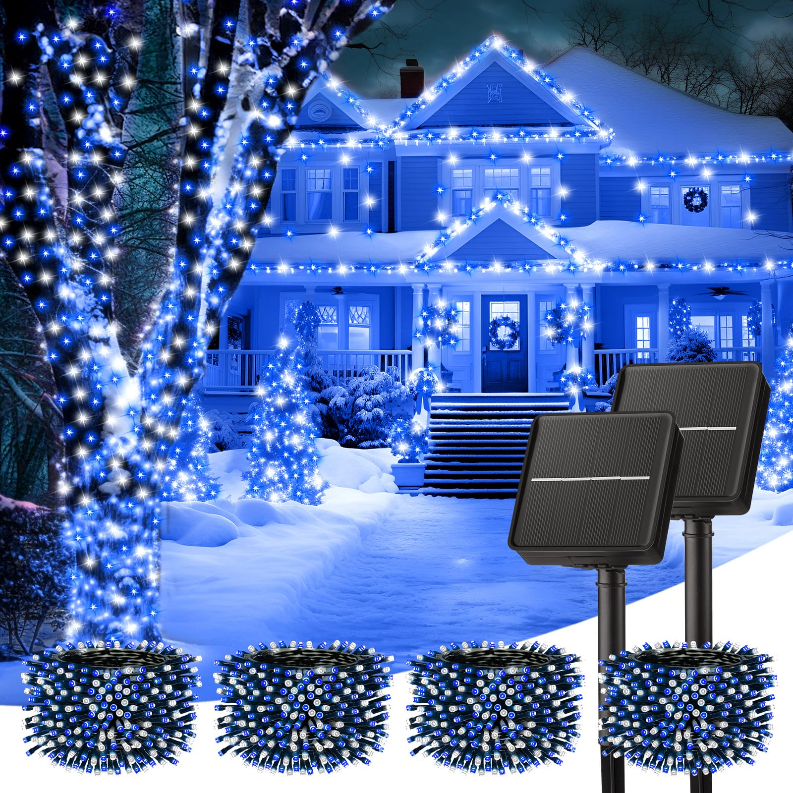 Minetom Solar String Lights - 400 LED, 160FT, 8 Modes, Waterproof, Outdoor Christmas Lights, 4 Pack, Blue & White
