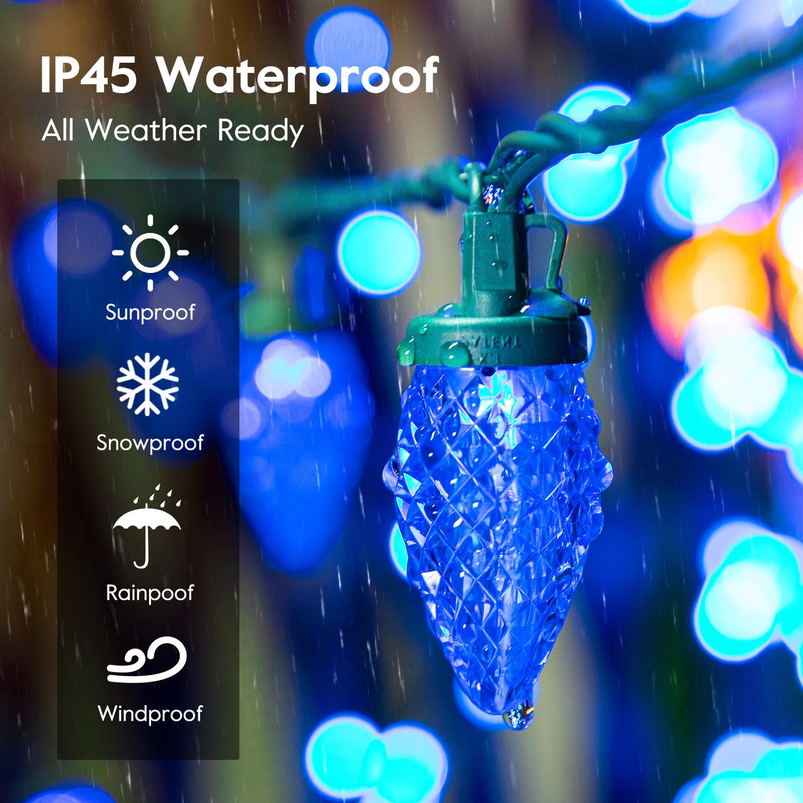 Brightown C9 LED String Lights, 66 ft, 100 Waterproof Bulbs, Blue and White, Commercial Grade for Outdoor Xmas Decoration