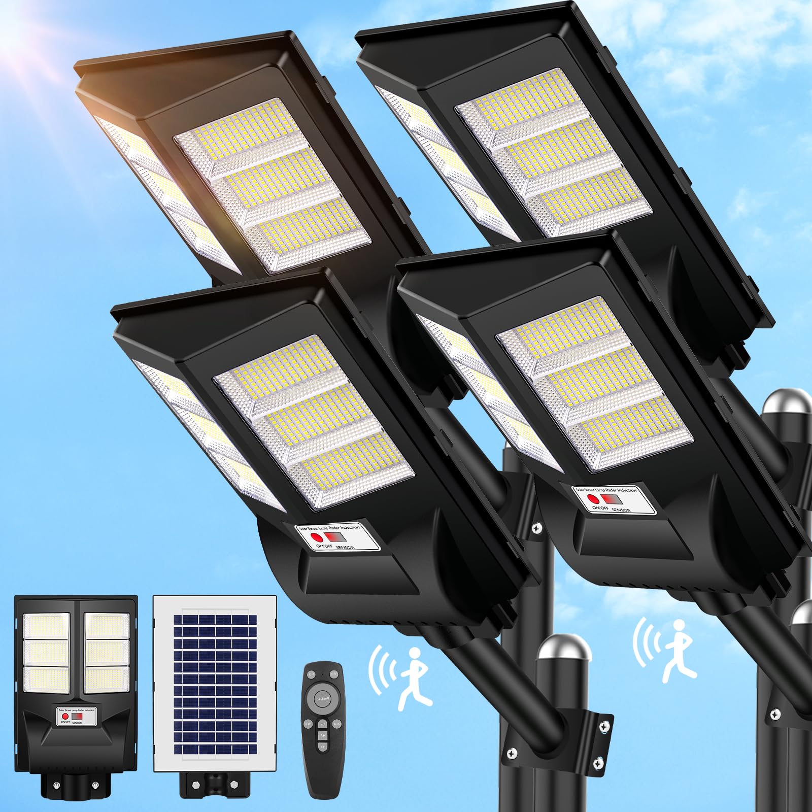 4 Pack Solar Street Lights Outdoor Waterproof,6500K 80000Lm 756 Led Beads Dusk To Dawn Solar Flood Light,Solar Street Lights Wide Angle With Motion Sensor And Remote Control For Parking Lot,Garage