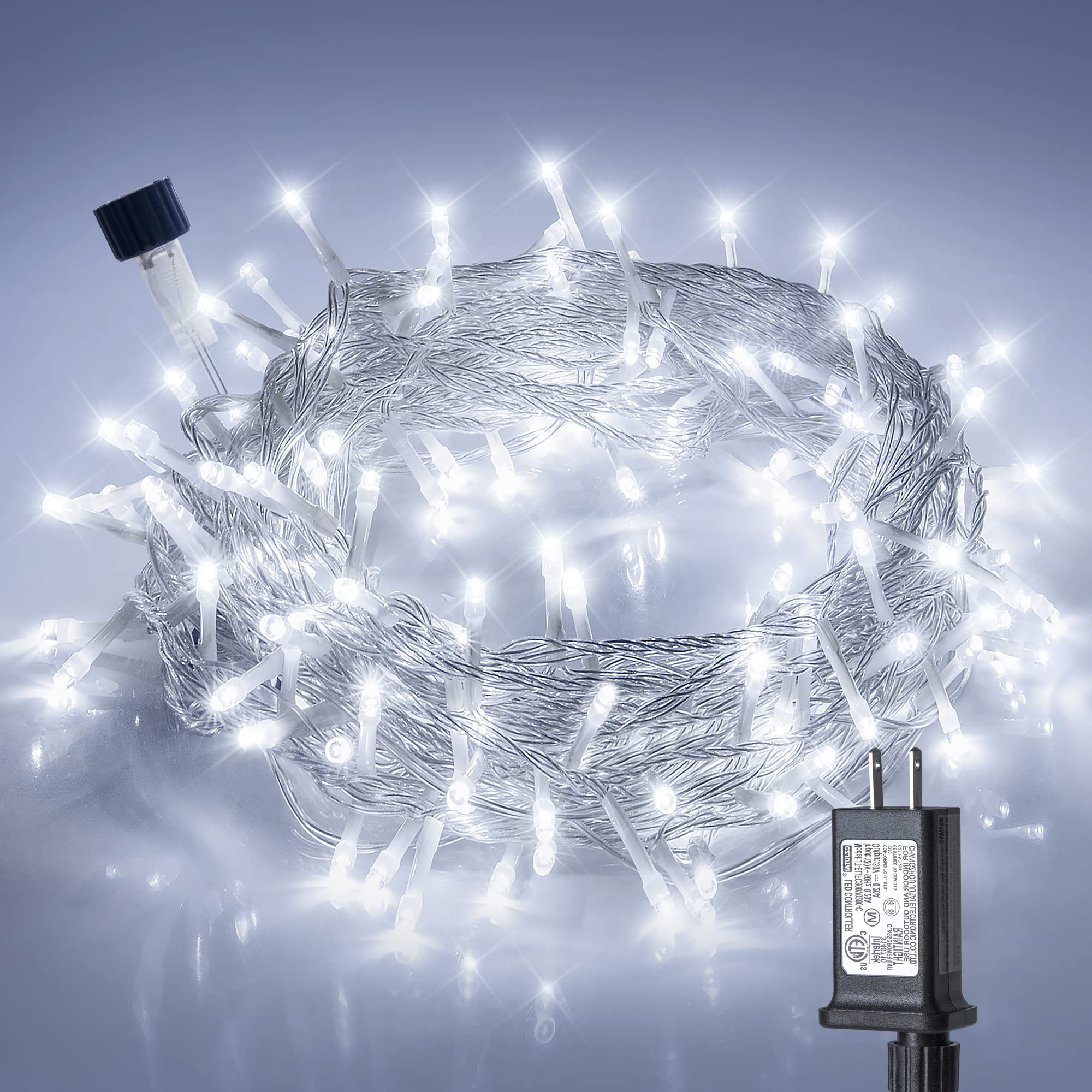 Hopolon 100LED White Christmas String Lights  33ft Extendable Christmas Lights Outdoor Waterproof  8 Modes LED White String Lights Indoor for Tree Wedding Party Garden Patio Decoration