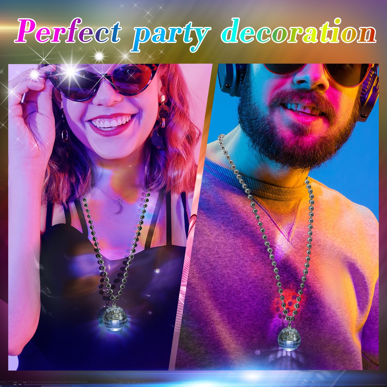 Henoyso LED Disco Ball Necklaces - 6 Pcs Light Up Party Accessories for Women - Silver, White Light - Perfect for 70s Costume Parties
