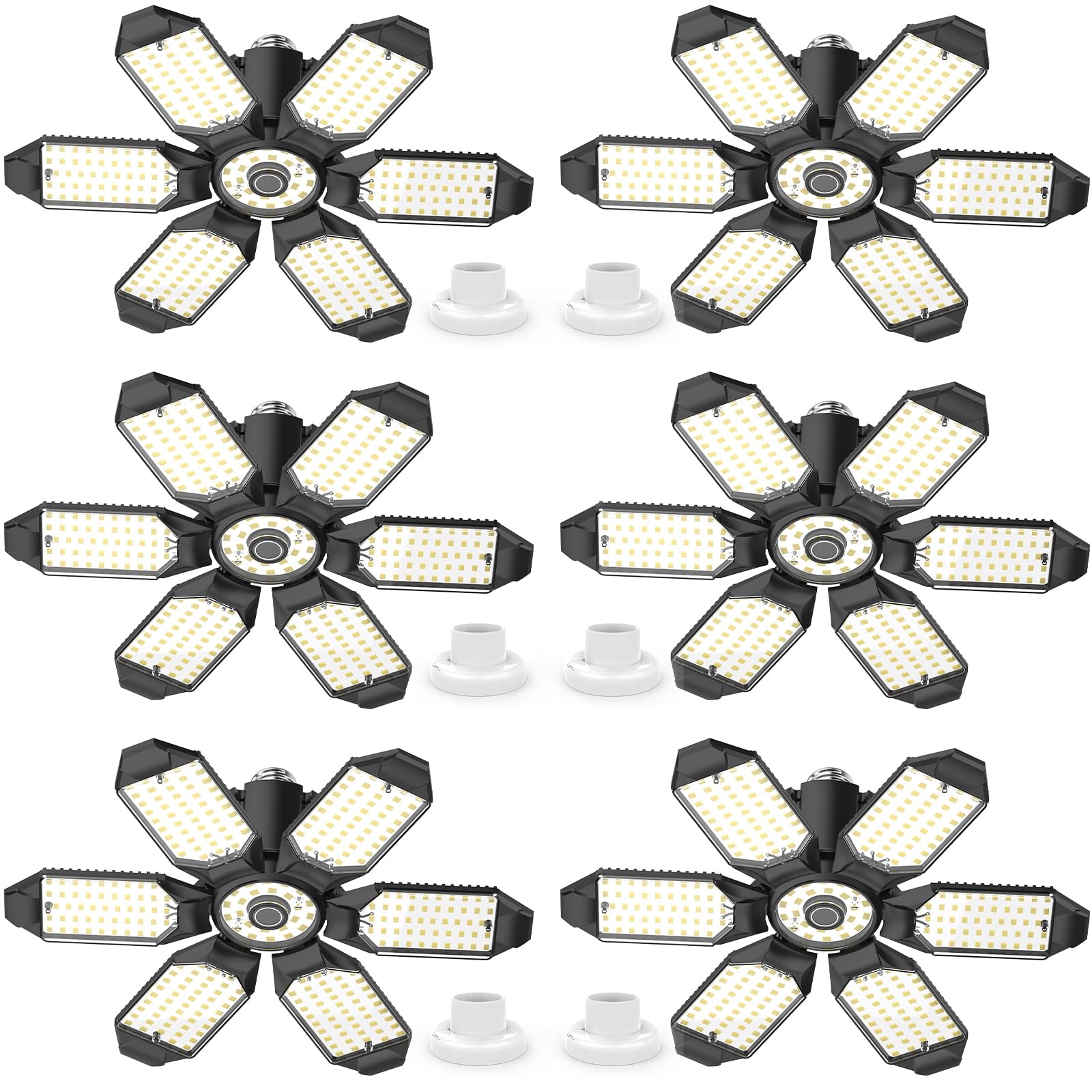 LUCORUSC Led Garage Lights 6-Pack 200W Super Bright Ceiling Led Shop Lights  E26/E27 Base  6500K  22000LM Deformable Garage Light Ideal for Basement  Attic and Workshop
