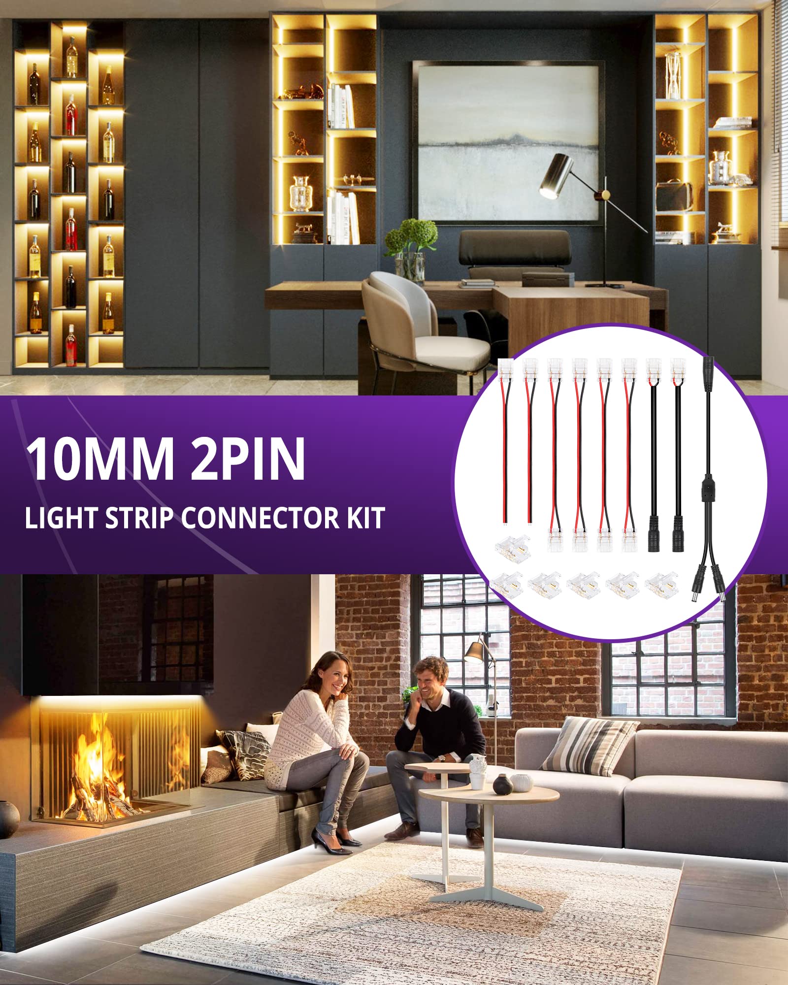 Hitlights Led Strip Connector 2Pin 10Mm Led Connector Kit Include Gapless Connector, Jumper Connector, Pigtail Connector, Dc Fem