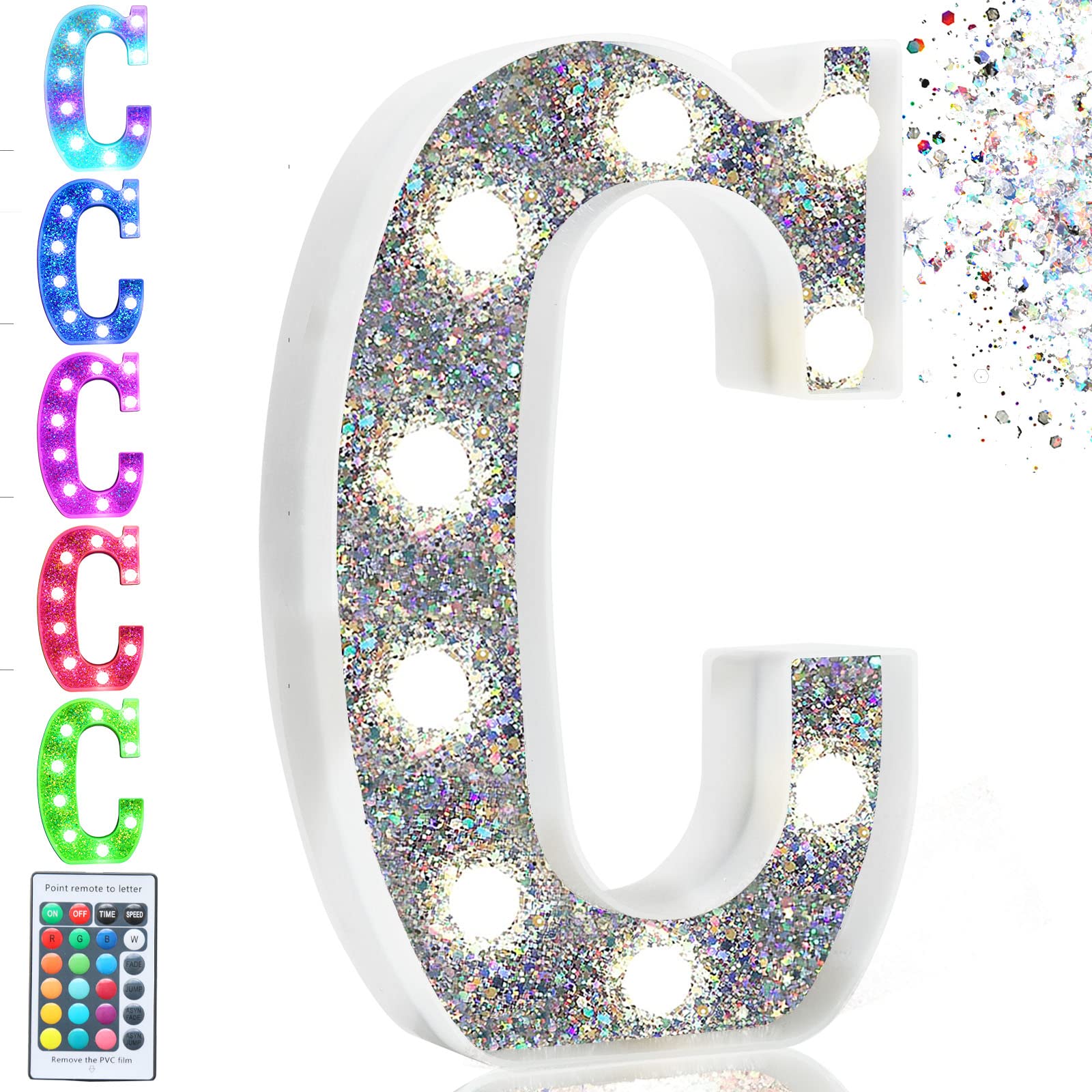 Pooqla LED Marquee Letter Light, Silver, 16 Colors, Battery Operated, Model S-RGB, Letter C for Party Decoration