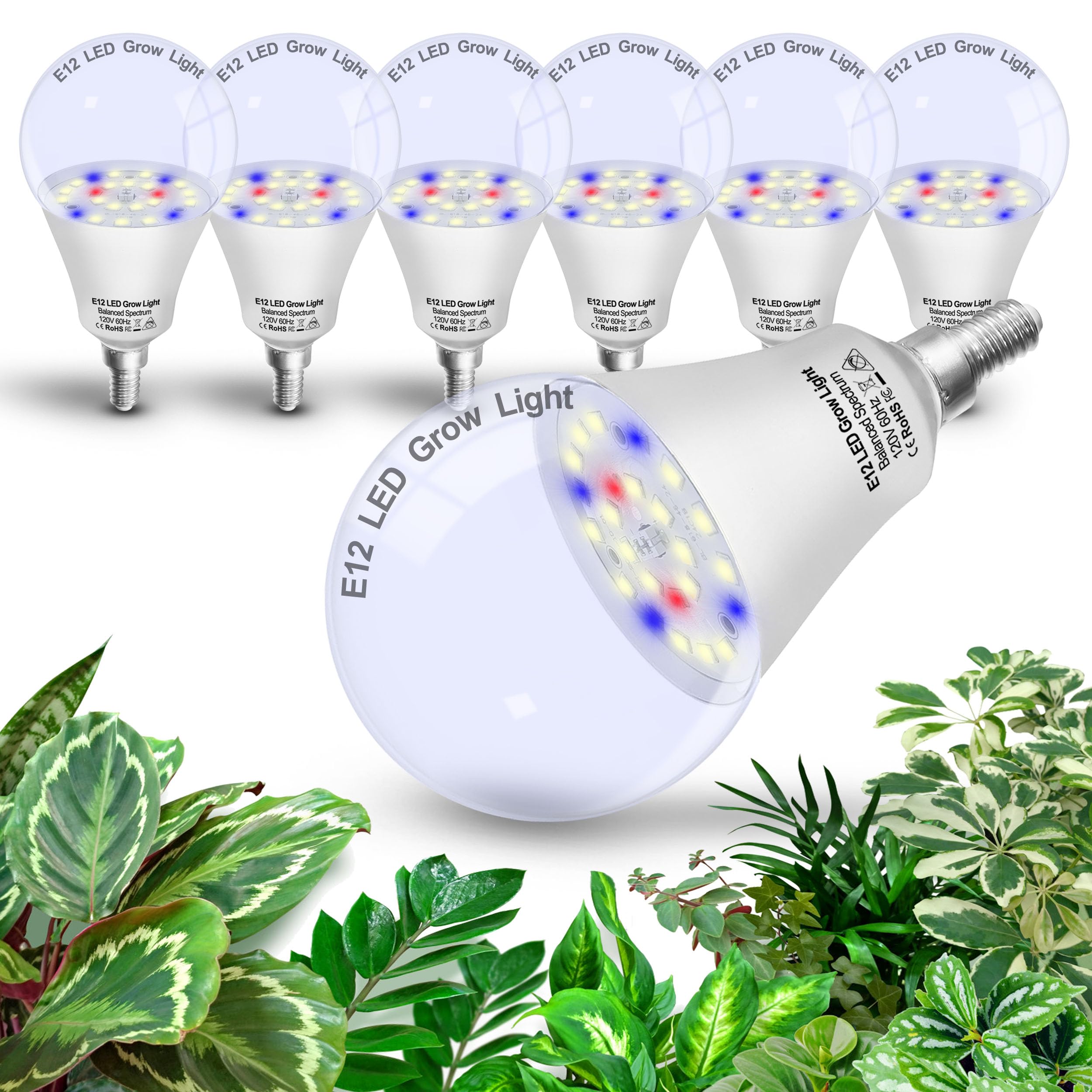 ALIDE Grow Light Bulbs E12 Candelabra 10W Full Spectrum 5000K Red Blue, 6Pcs