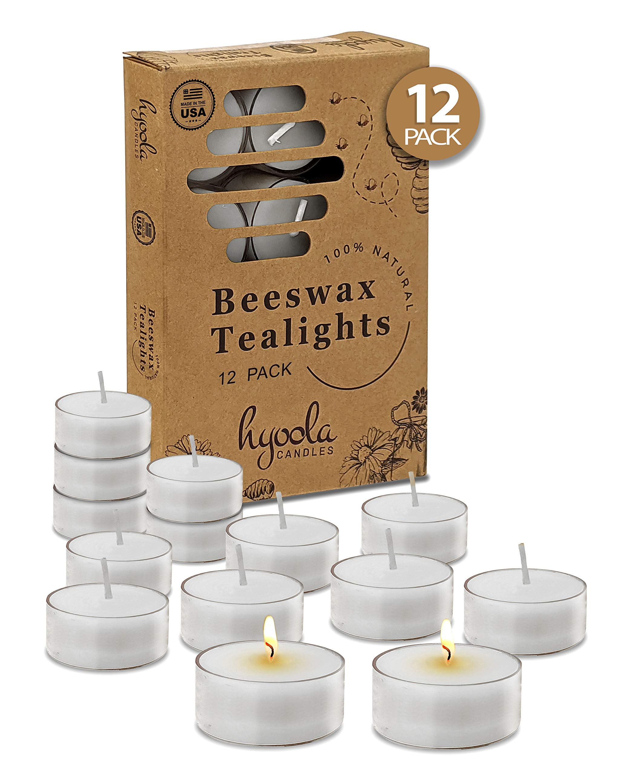 Hyoola Pure White Beeswax Tea Lights, Handmade Decorative Unscented, Tealight Candles, 4 Hour Burn Time, Clear Cup (Pack of 48)