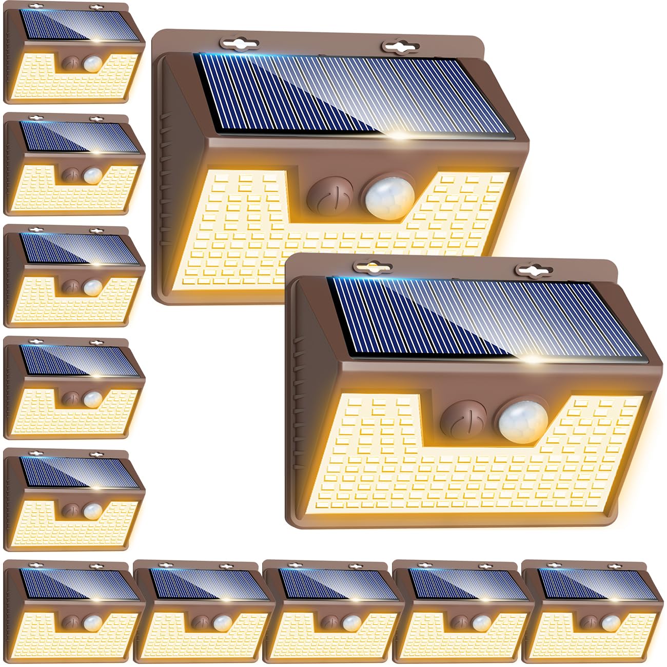 Peasur Solar Lights Outdoor, 12Pack 140LED Waterproof Motion Sensor Wall Lights, Brown Frame-Warm, Model 200c9792-4227-4c7e-96fa