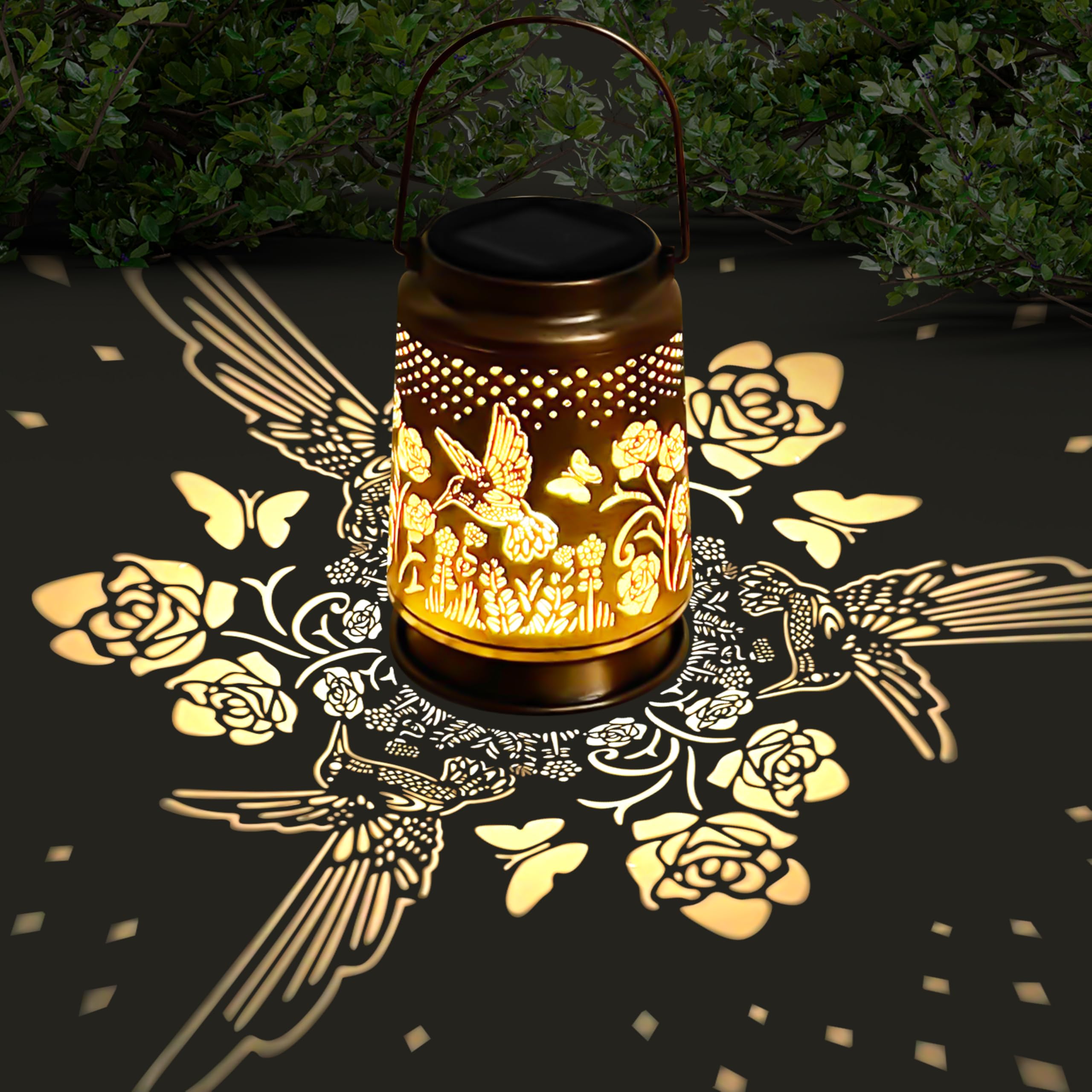KY&BOSAM Vintage Solar Lanterns Outdoor Waterproof - Rose & Hummingbird Metal Garden Decor IP65 Rustproof Camping Lights for Pat